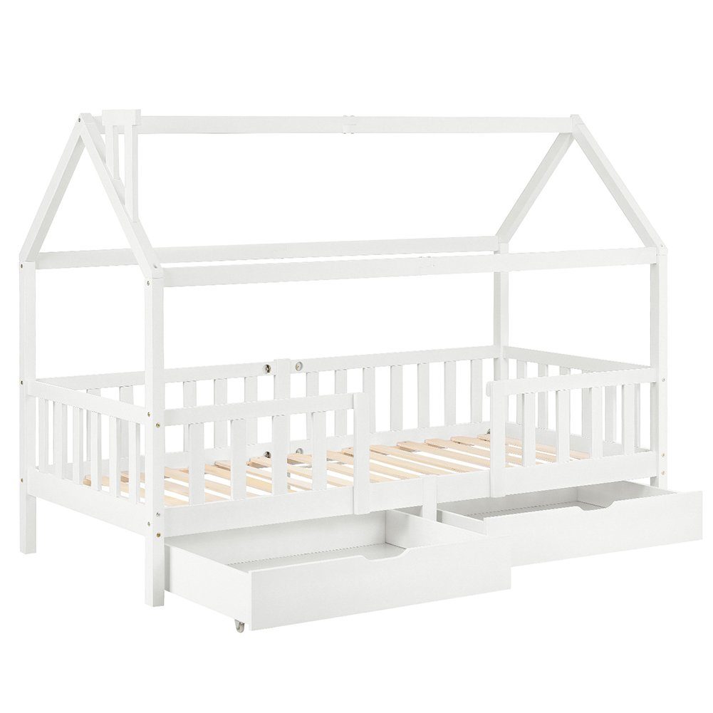 Kinderbett (1-tlg., mit Schubladen, Rausfallschutz und Lattenrost), 90 x 200 cm Hausbett Einzelbett aus massivem Kiefernholz