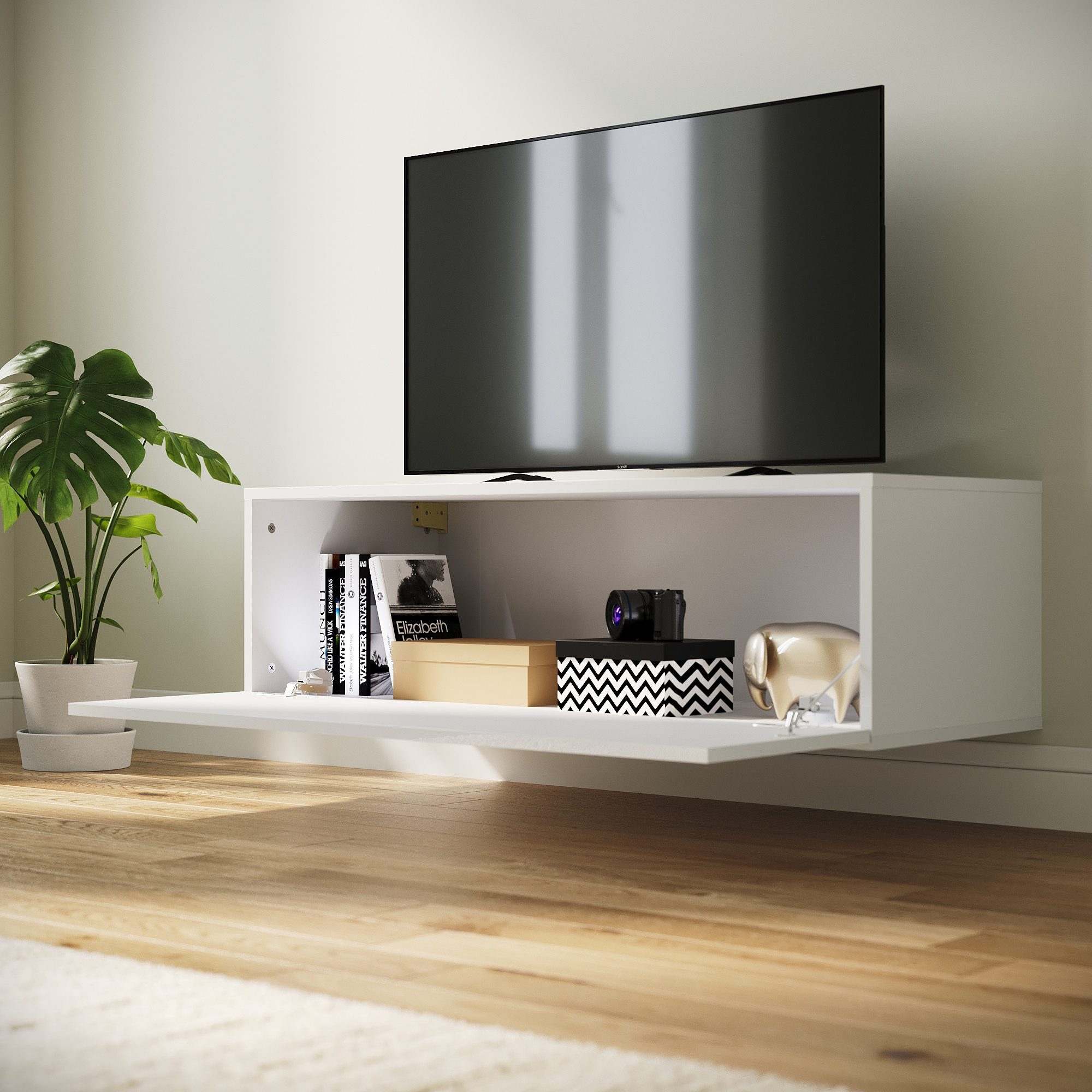 SONNI Lowboard Lowboard TV Hängend Weiß/ Schwarz TV Schrank in Wohnzimmer (Packung), 140-180cm tv schrank in wohnzimmer für 35''- 45'' Fernseher – Bild 4 von 5