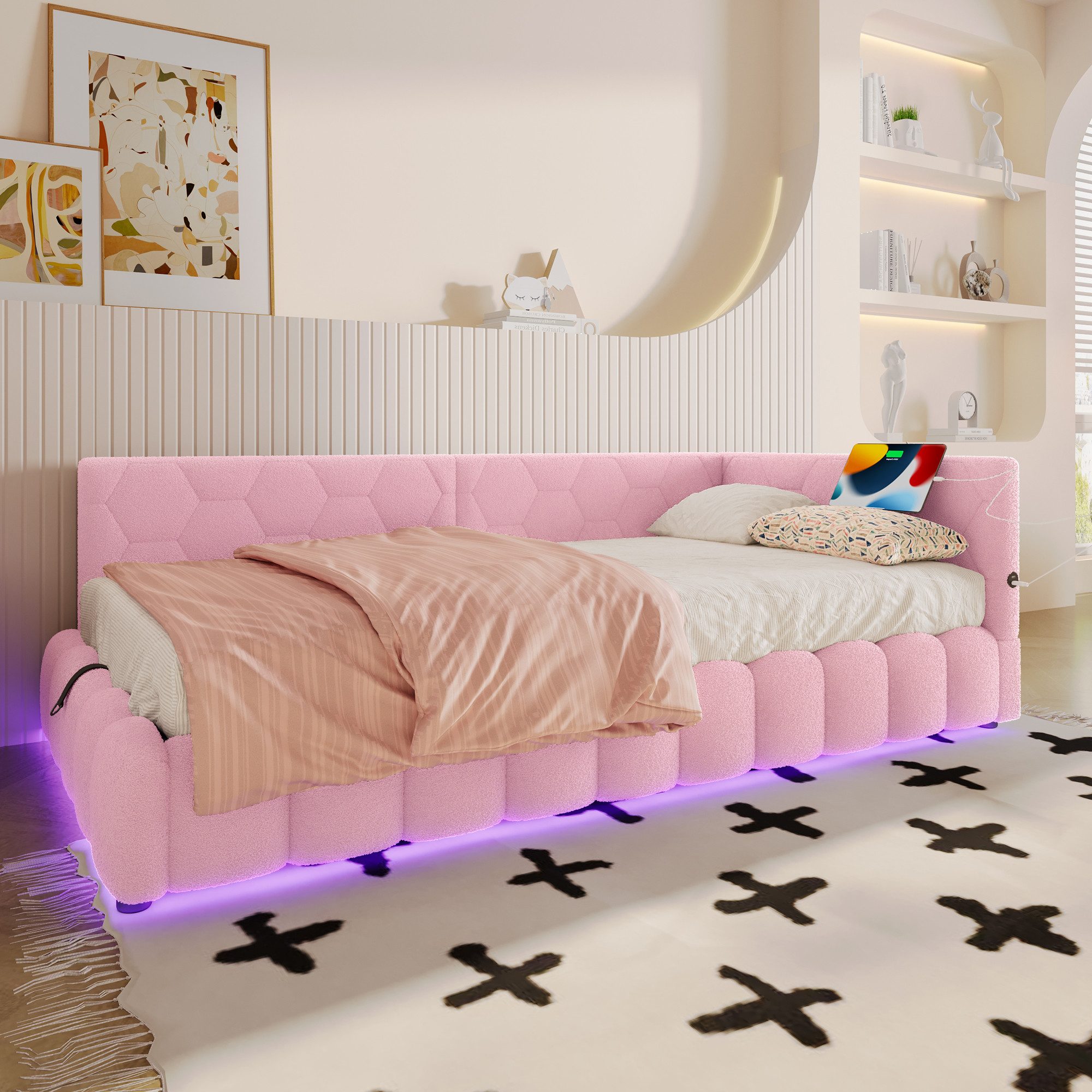 Merax Daybett mit LED-Beleuchtung (1 tlg), Hydraulisches Polsterbett Schlafsofa Tagesbett mit USB Typ-C, 90x200cm – Bild 2 von 5