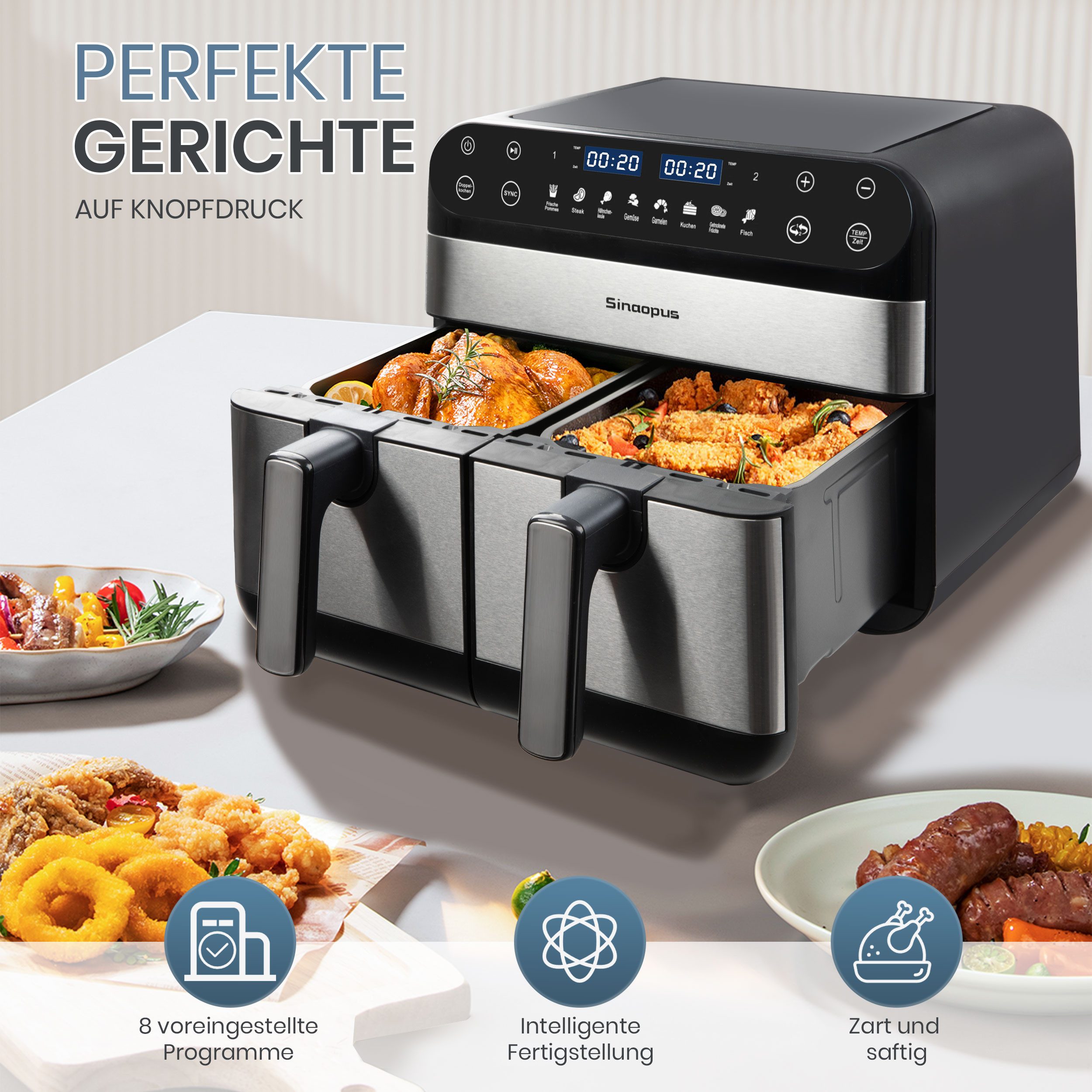Sinaopus Heißluftfritteuse 10L Dual-Zone Airfryer – Familienessen & Snacks gleichzeitig knusprig garen, 2400 W, 2 Frittierfächer, SYNC, Doppelkochen, 8 Programm – Bild 5 von 5