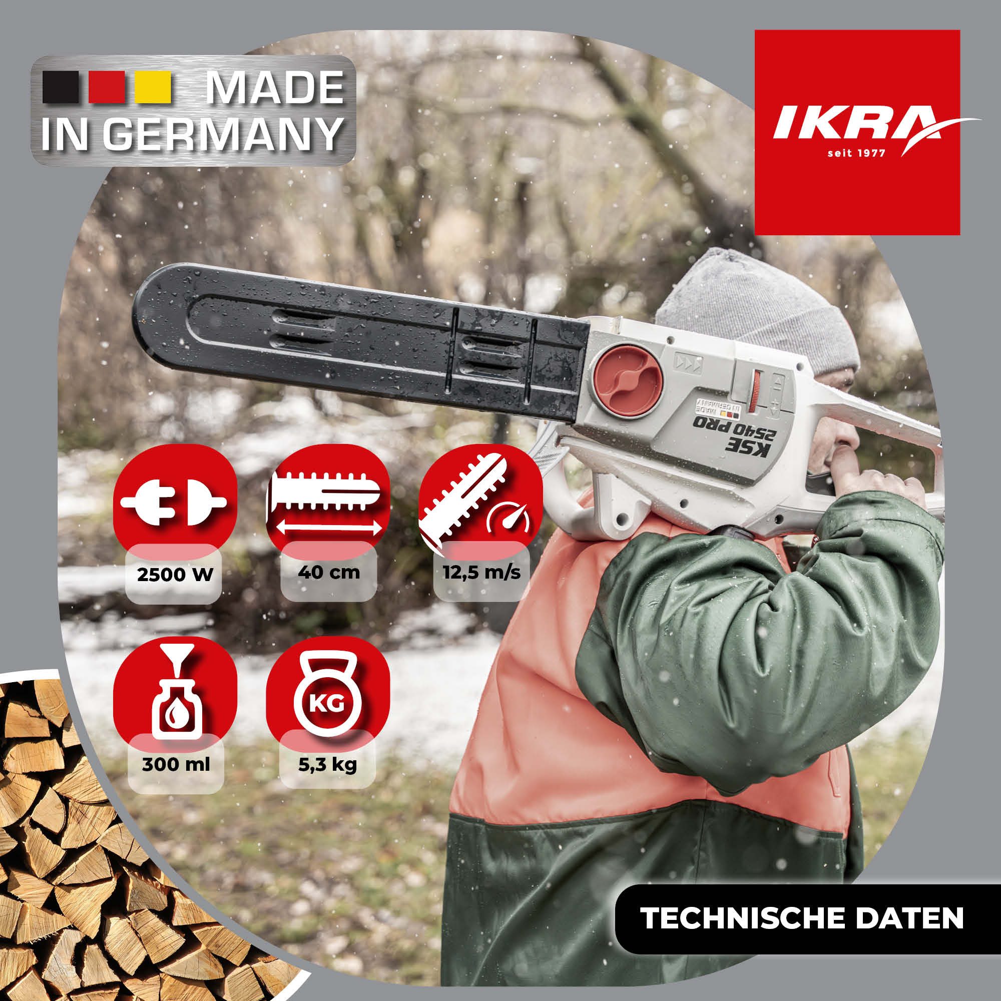ikra GmbH Elektro-Kettensäge KSE 2540, 40 cm Schwertlänge, Deutsche Ingenieurskunst