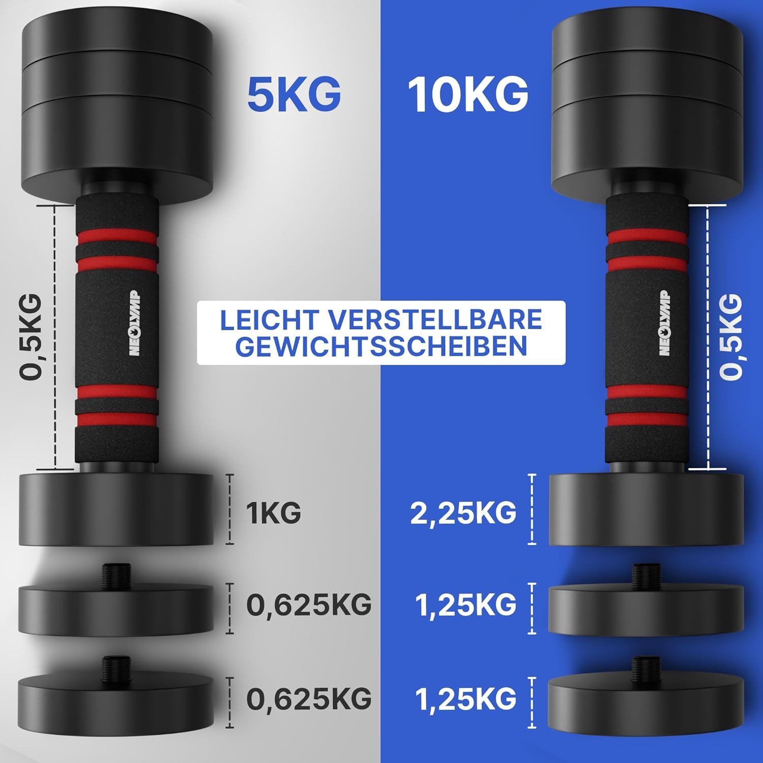 NEOLYMP Kurzhantel 2er Set verstellbare Kurzhanteln 1,75 - 10 kg – verstellbare Hanteln, (Kurzhanteln aus massivem Stahl mit rutschfestem Schaumstoffgriff)