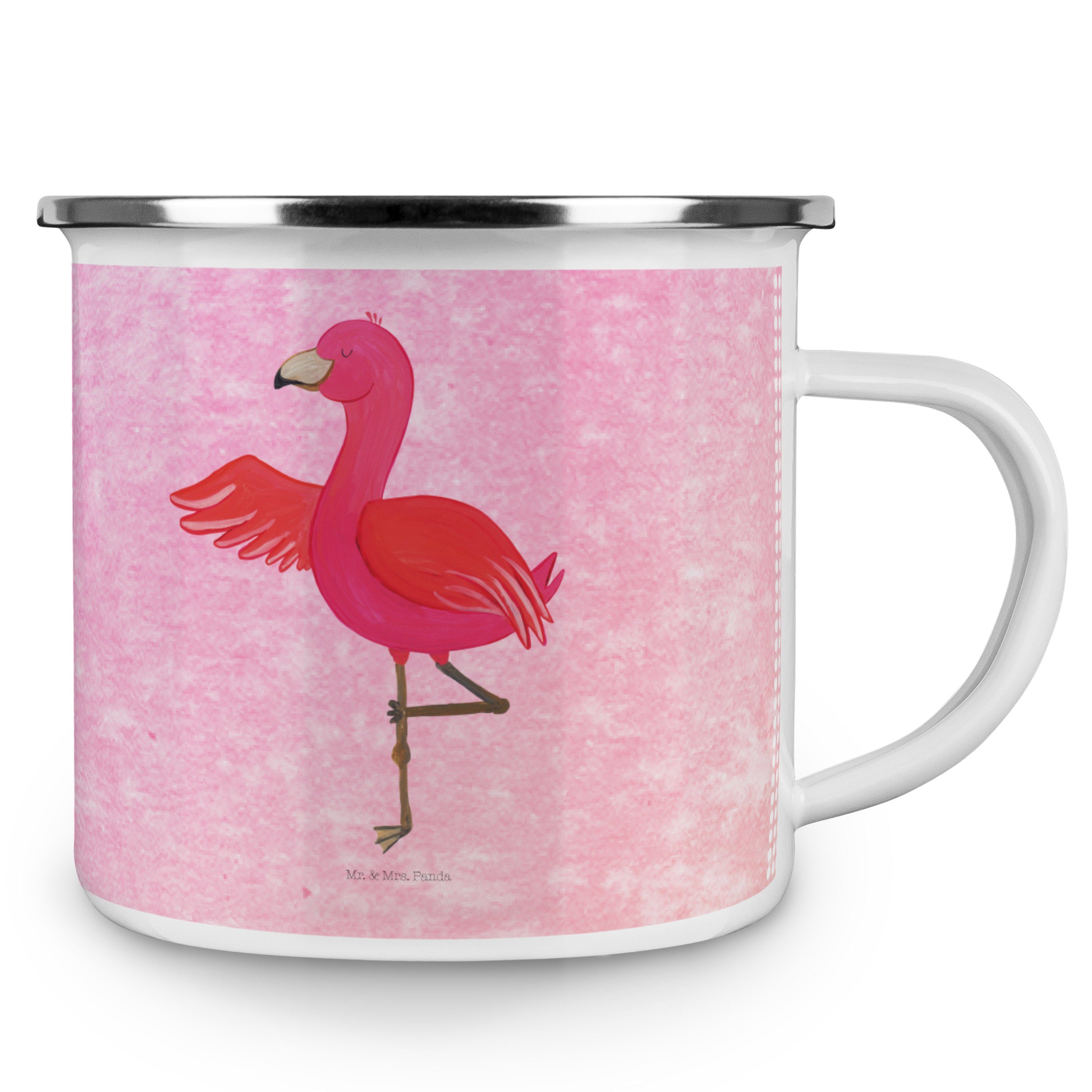 Achtsamk, Flamingo & Blechtasse, Yoga Kaffee - Becher - Geschenk, Aquarell Mr. Mrs. Pink Panda Emaille