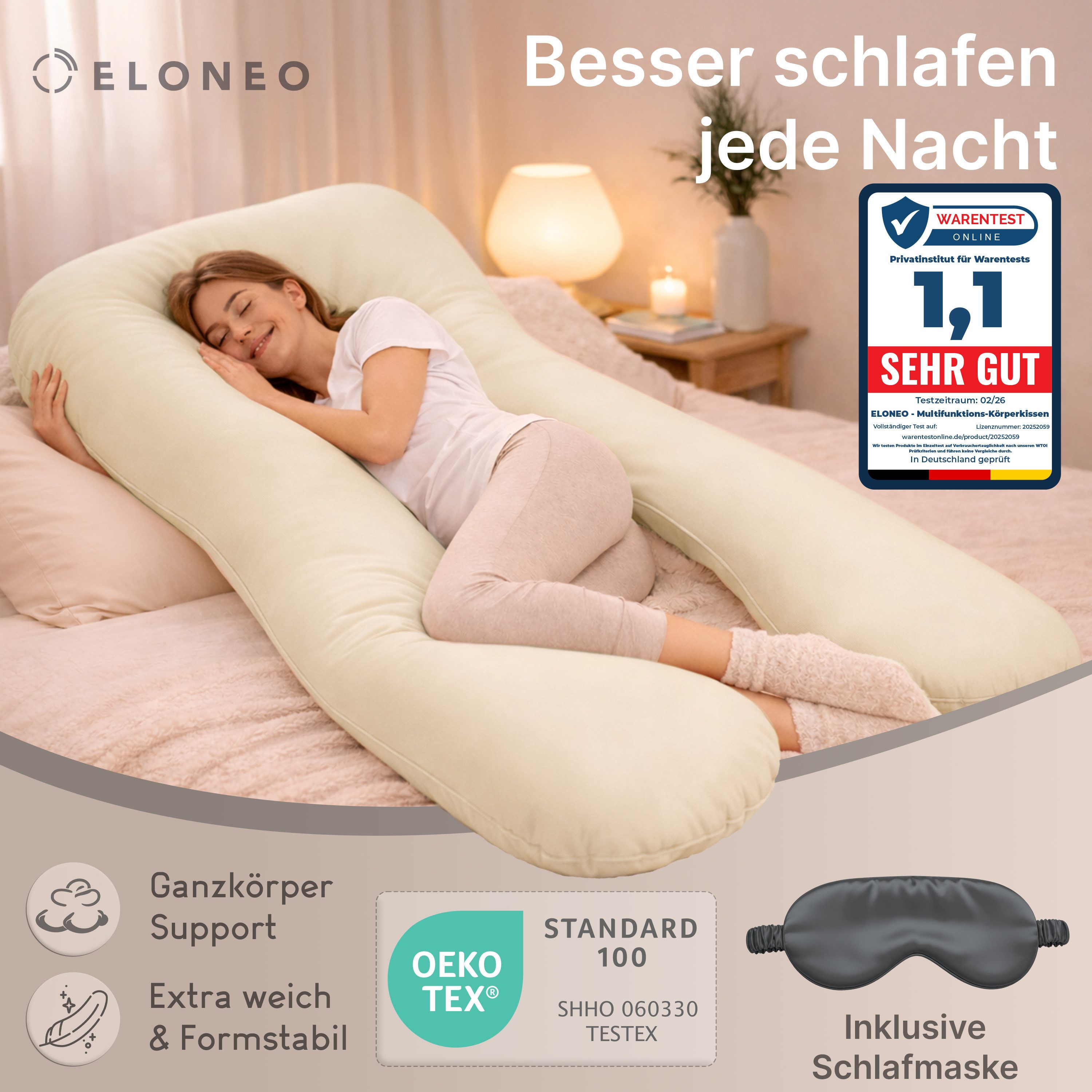 ELONEO Seitenschläferkissen XXL - Multifunktionskissen mit Bezug, formstabil, druckentlastend, bequem