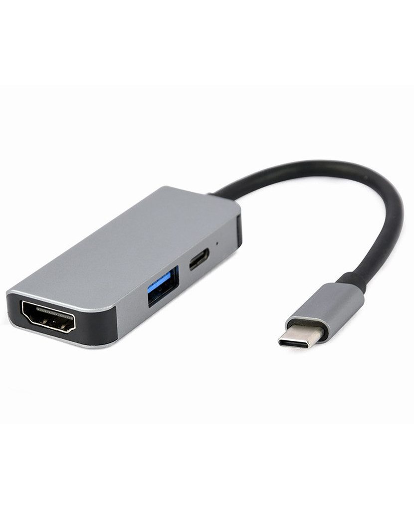 Gembird A-CM-COMBO3-02 Adapter 4K-HDMI und USB Typ-C PD zu 3-in-1: 3-Port-USB-Hub, 4K-HDMI und USB Typ-C PD, Plug & Play