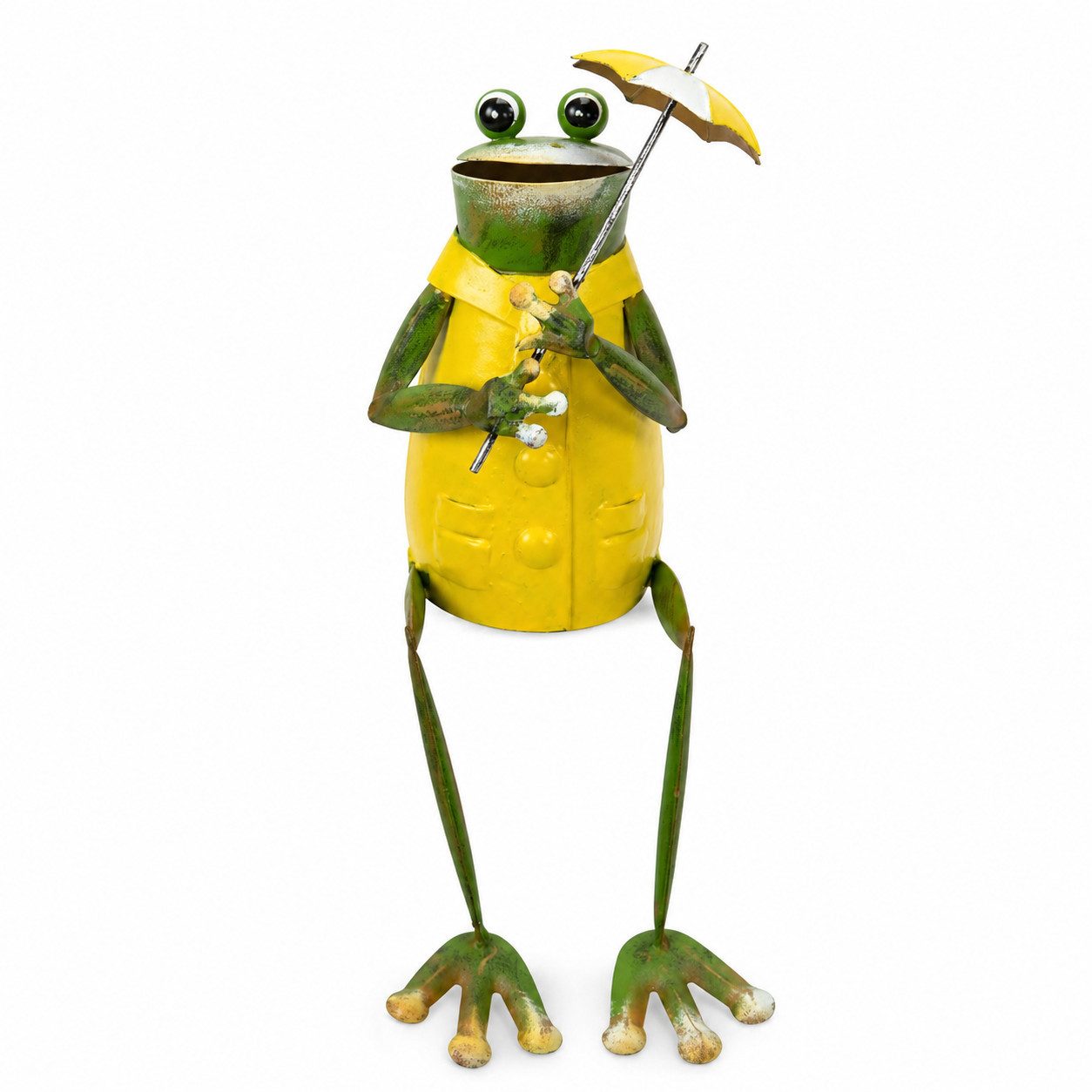 Posiwio Dekofigur Frosch Figur Metall Kantenhocker mit Regenschirm – Gelber Mantel