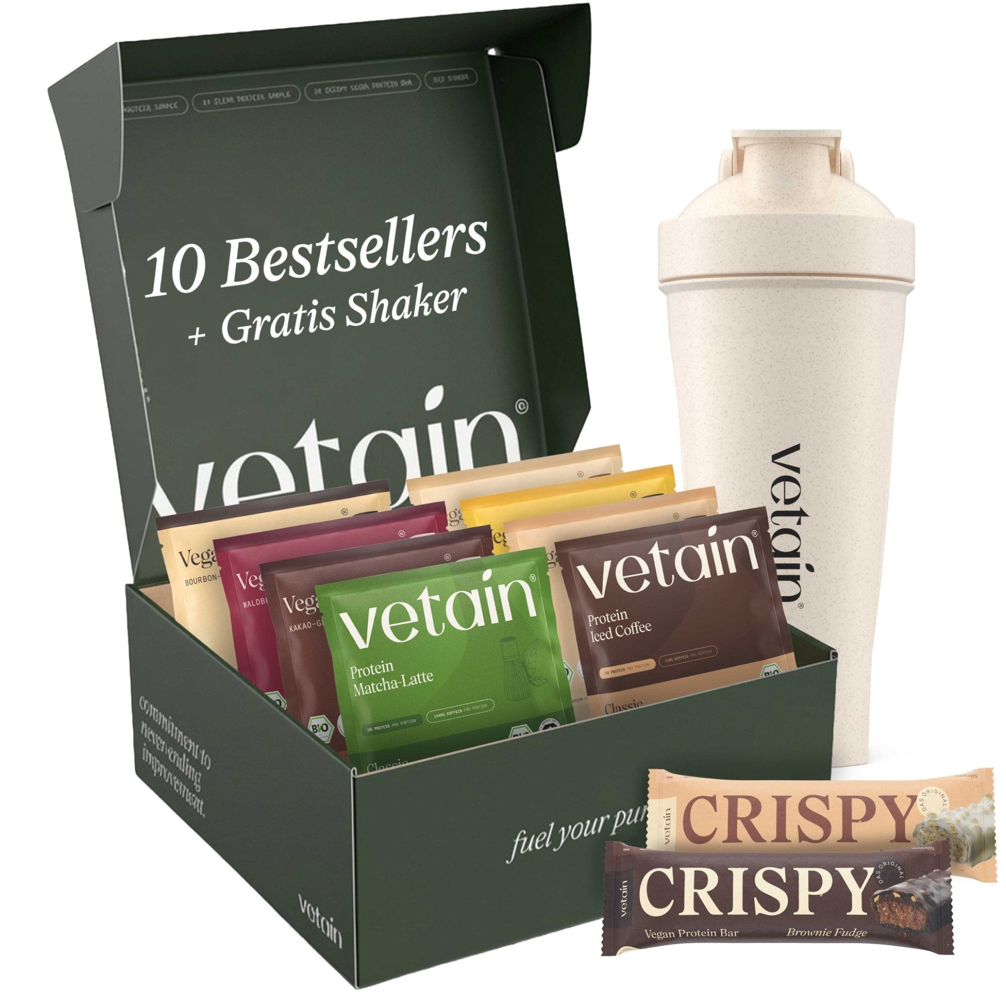VETAIN Protein Probierpaket Vegan - 10x Bestseller + Gratis Shaker - Pulver, 10 er, Ohne künstliche Süßungsmittel, Ohne Soja, 100% vegan