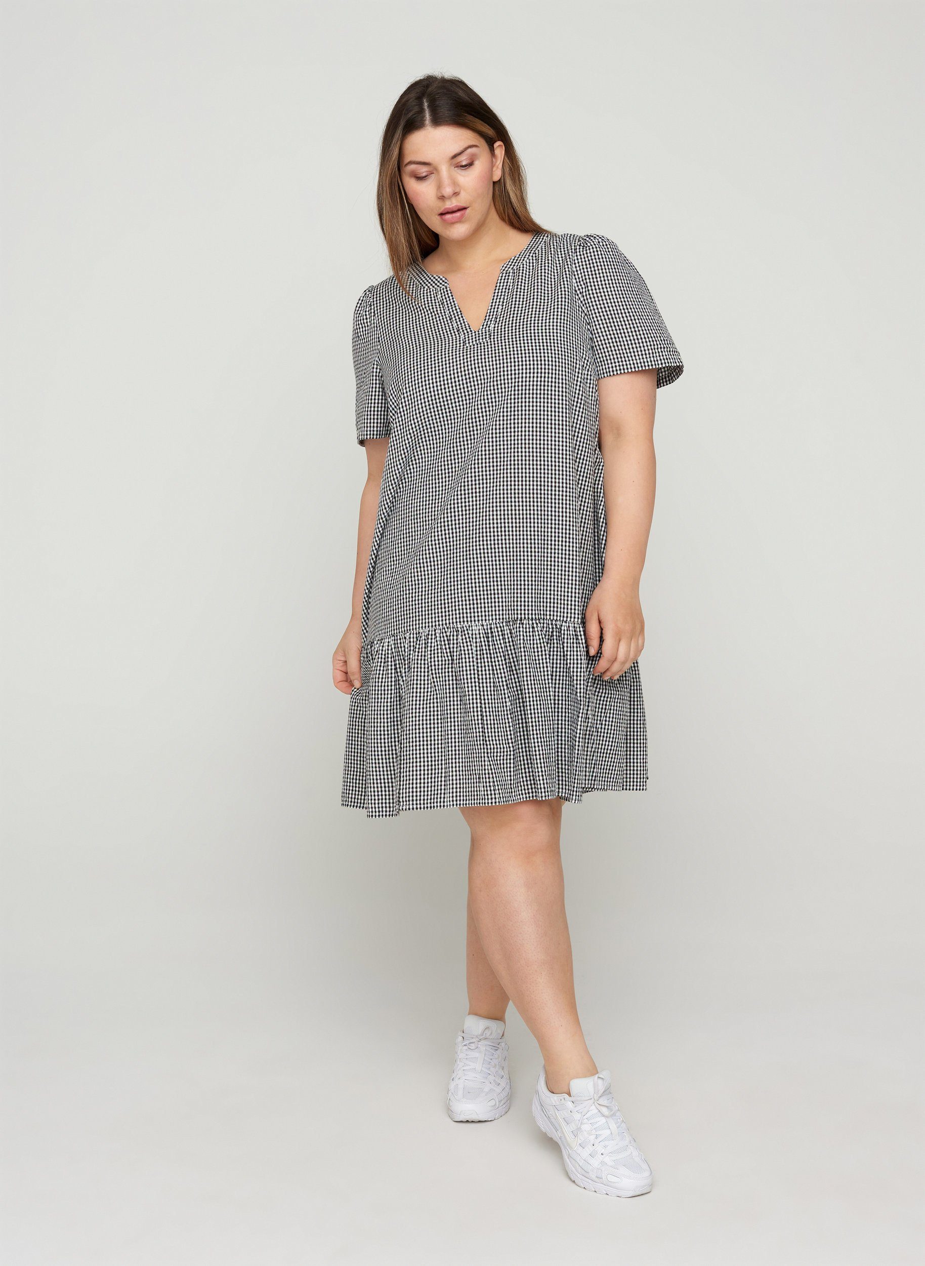 Zizzi Tunikakleid Große Größen Damen Kariertes Baumwoll Kleid mit 3/4  Ärmeln und V-Ausschnitt online kaufen | OTTO