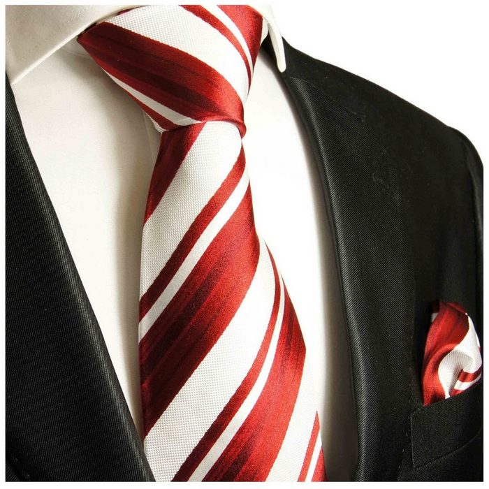 Paul Malone Krawatte Herren Seidenkrawatte Schlips modern gestreift 100% Seide (Set 2-St. Krawatte mit Einstecktuch) Breit (8cm) rot 121