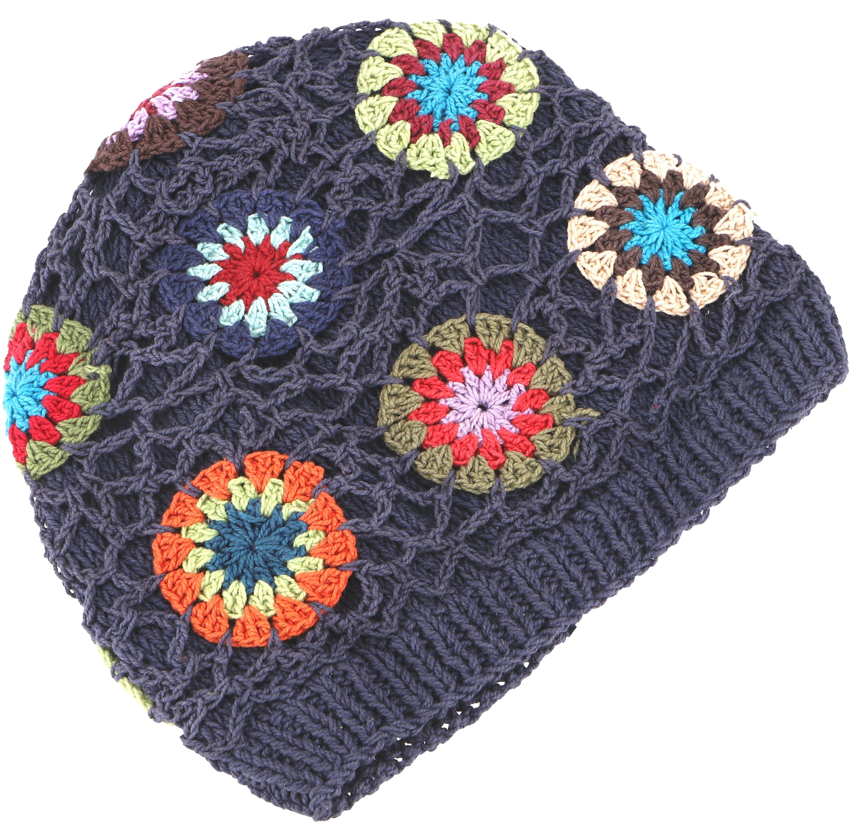 Guru-Shop Strickmütze Bunte Beanie, Baumwoll-Häkelmütze Granny squere.. blau