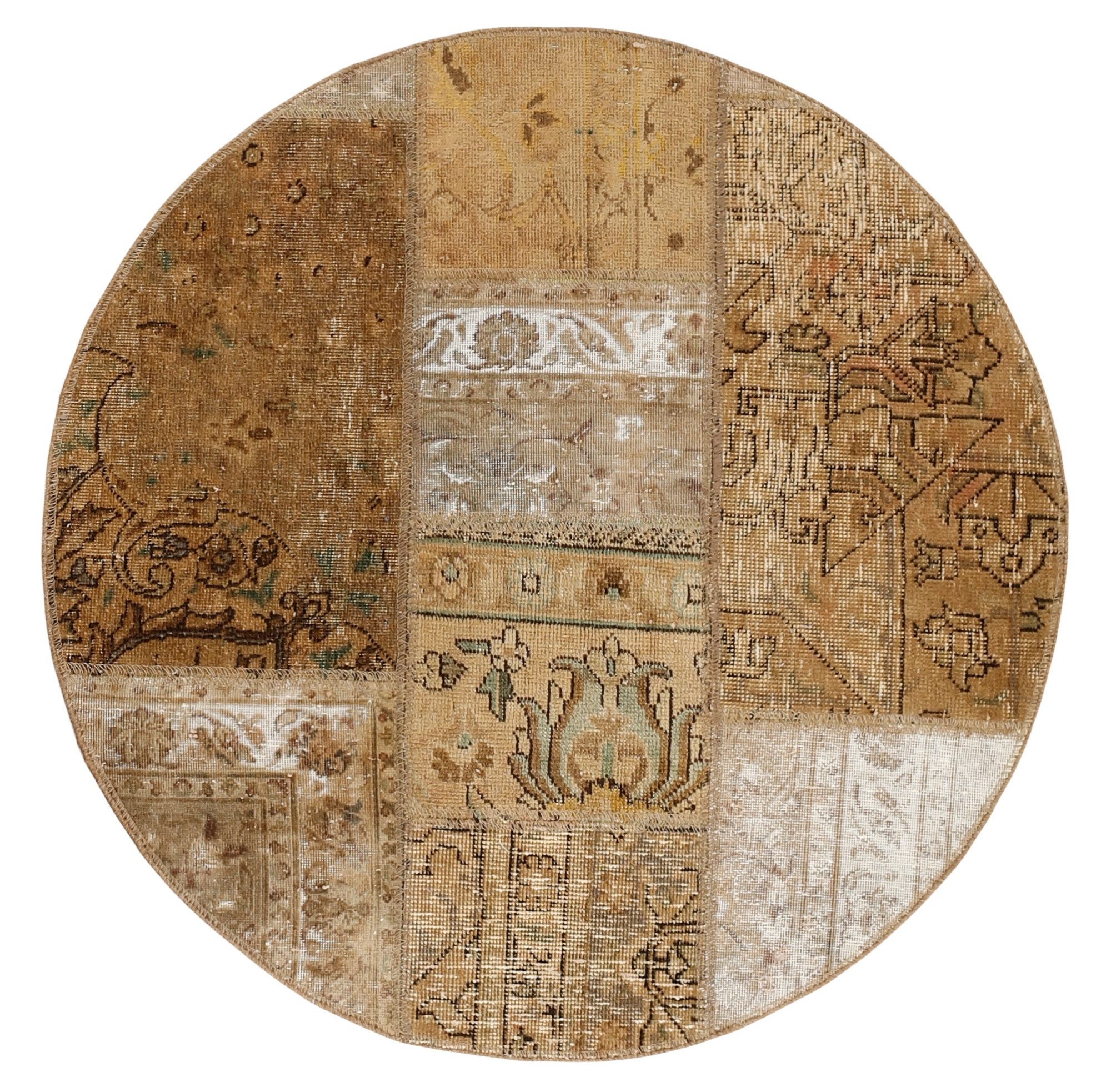 Wohnando Teppich MY-RUG Vintage Patch Work Floral & Ornamentiert 100x100cm, Rund, Höhe: 10 mm, Handgeknüpfter Teppich,Handgesponnene Wolle, mit Naturfarben gegärbt
