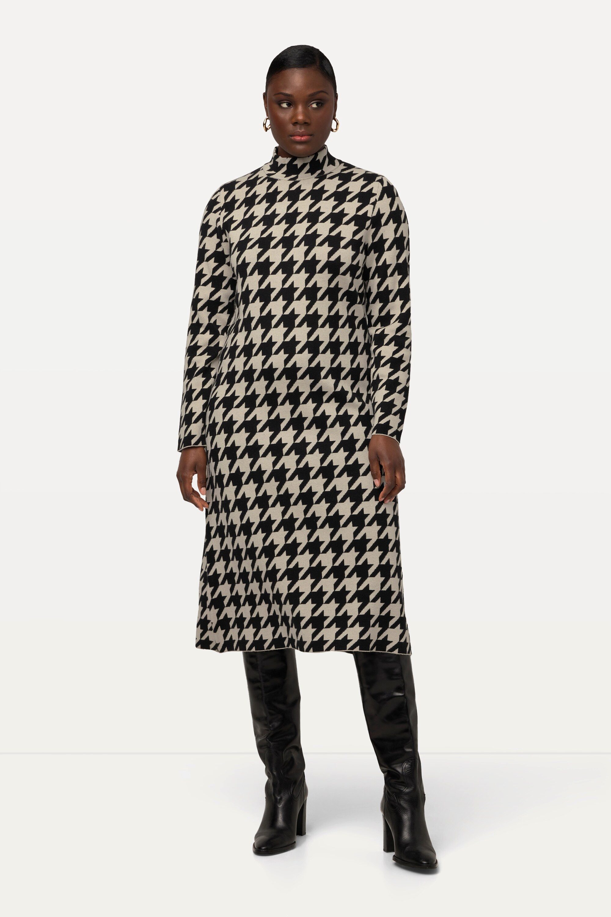 Ulla Popken Midikleid Strickkleid Hahnentritt Stehkragen Langarm