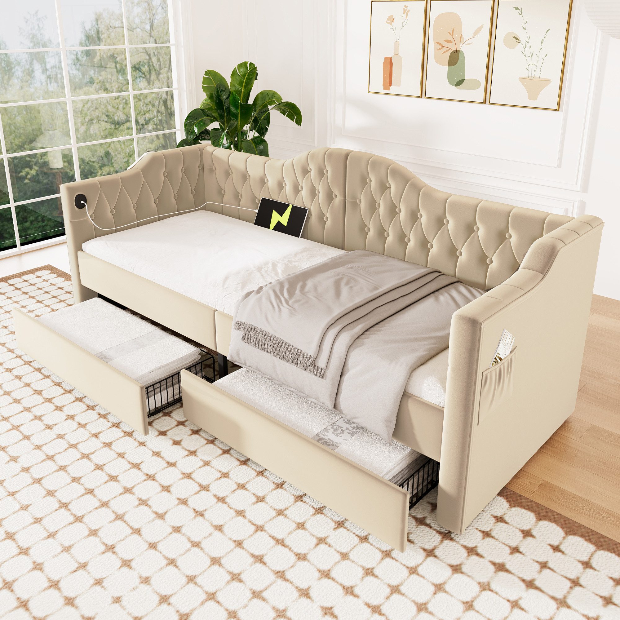 Flieks Daybett, Polsterbett Tagesbett 90x200cm mit Ladefunktion und 2 Schub günstig online kaufen