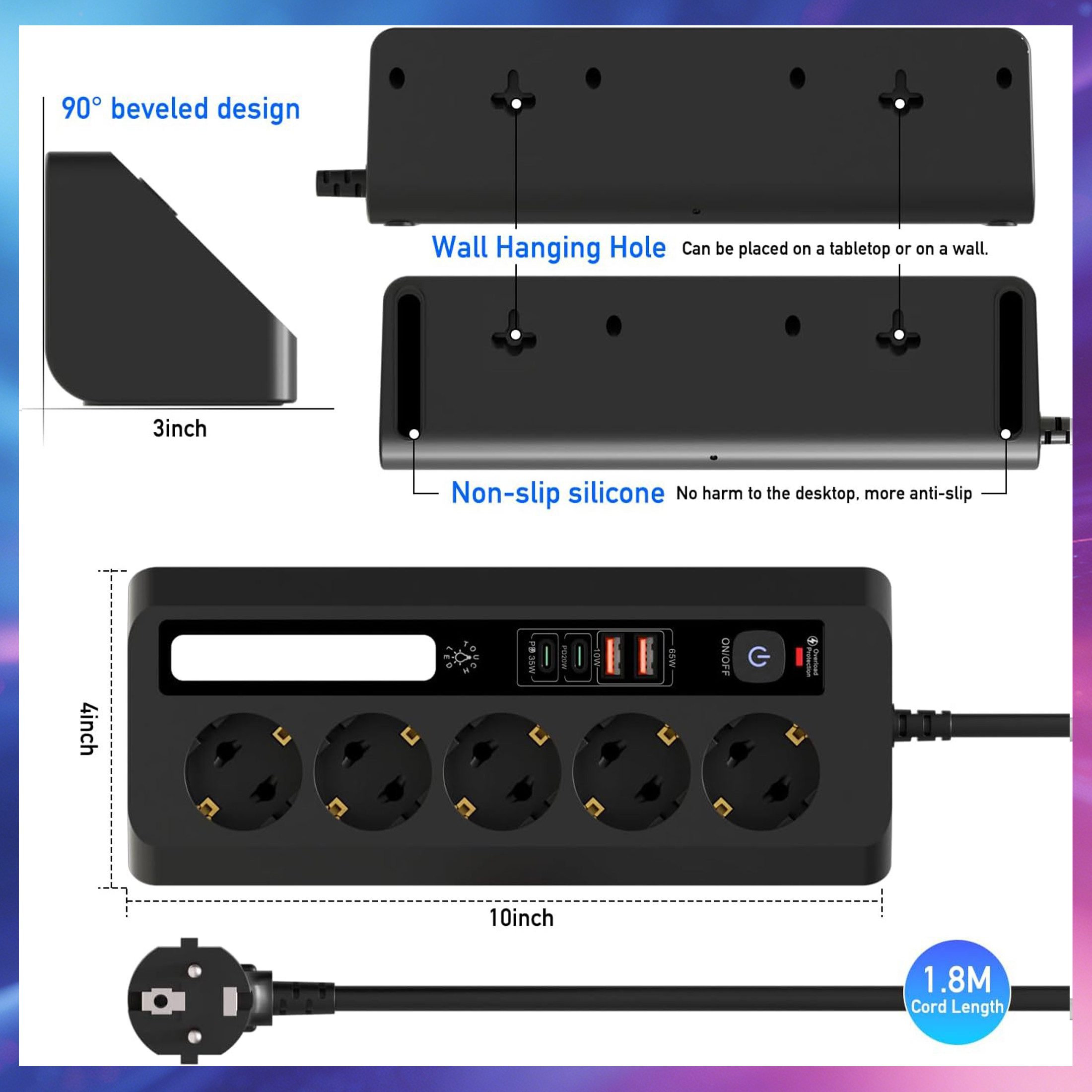 ibettertec Tischsteckdosenleiste mit 5 Steckdosen,Eck-Steckdosenleiste Einbau-Tischsteckdosenleiste (Ein-/Ausschalter, USB-Anschlüsse 4 USB-Ports (PD 35 W & 20 W) LED-Statusanzeige, Schutzkontaktkupplung, Überspannungsschutz), 2 m Kabel, Ecksteckdose für Büro und Zuhause
