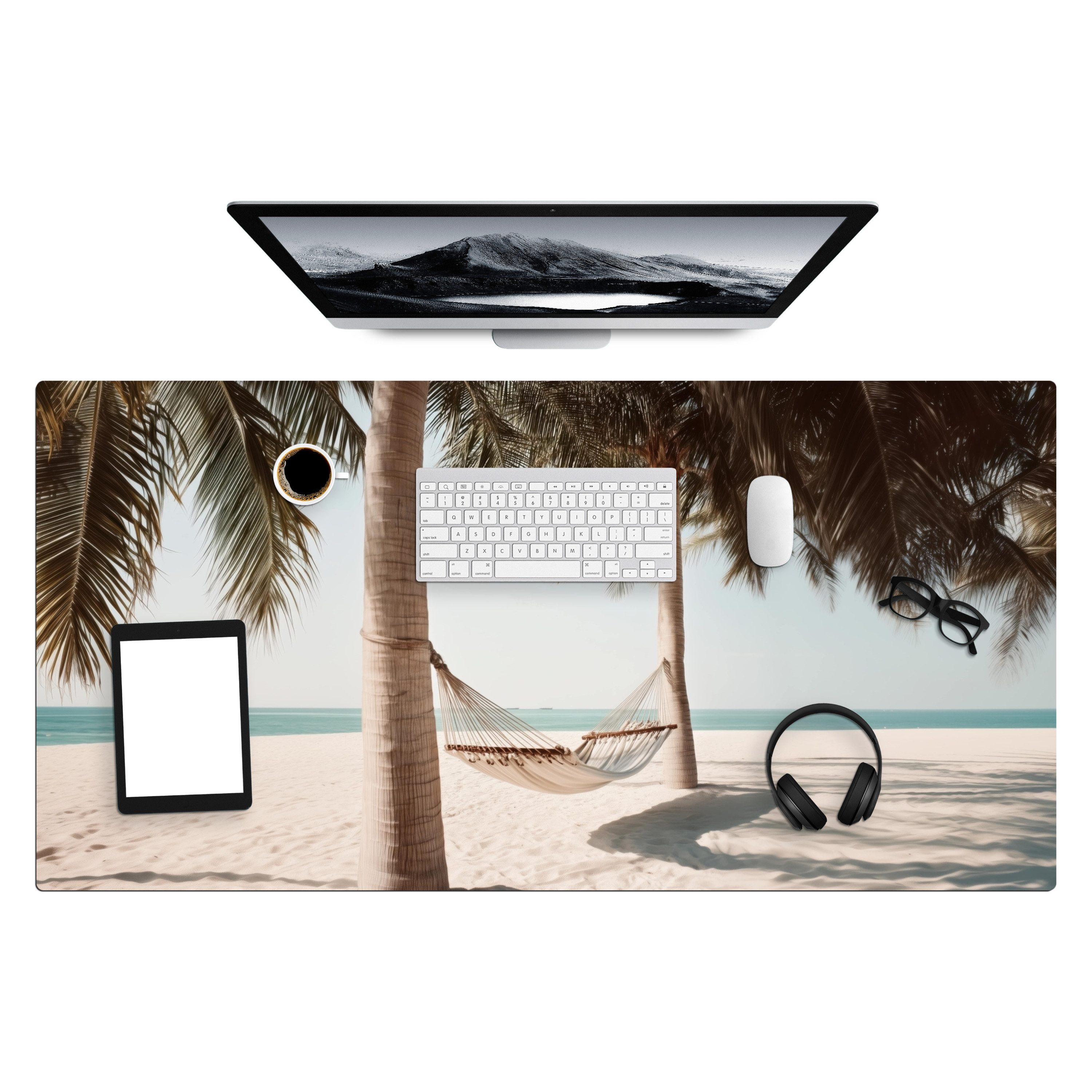 MuchoWow Gaming Mauspad Hängematte - Palmen - Strand - Meer (1-St), Gaming Mauspad XXL, Schreibtischunterlage, Gaming Zubehör, 120x60 cm