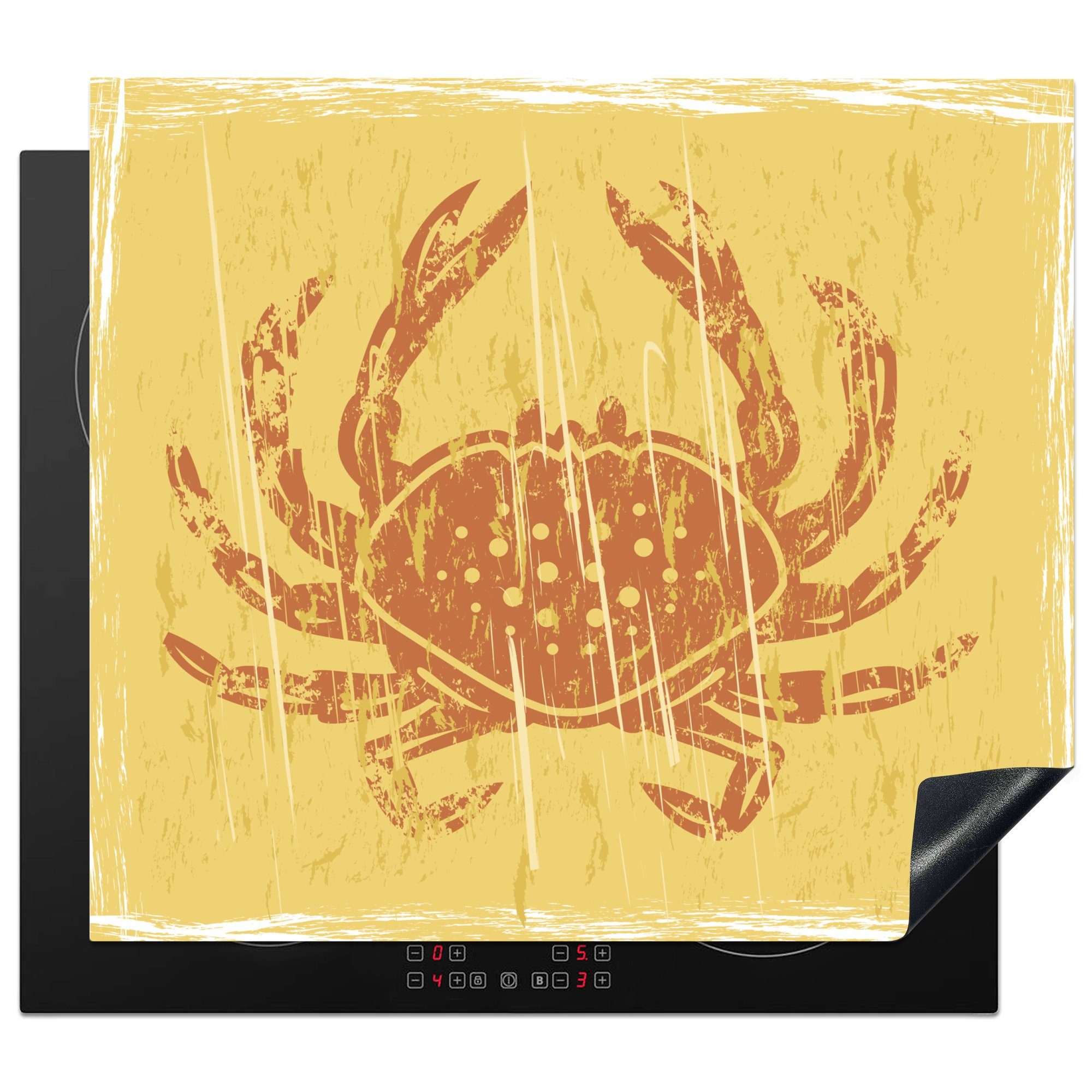 MuchoWow Herdblende-/Abdeckplatte Illustration einer Krabbe auf gelbem Hintergrund, Vinyl, (1 tlg), 57x51 cm, Induktionsschutz, Induktionskochfeld, Ceranfeldabdeckung