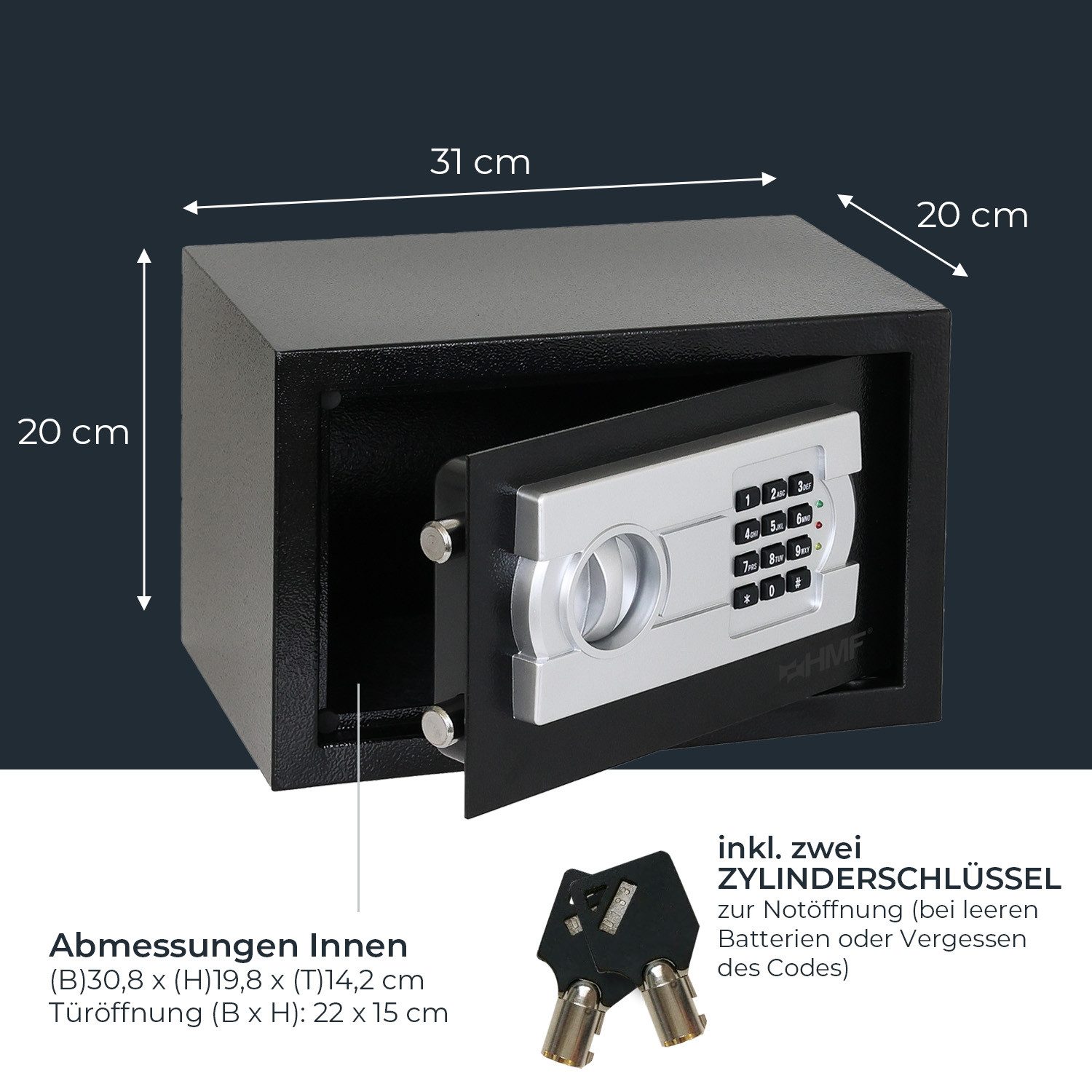 HMF Möbeltresor Safe Tresor für Zuhause Hotel oder Büro Möbeltresor mit Zahlenschloss, für DIN A5 Dokumente, 31 x 20 x 20 cm, Schwarz – Bild 5 von 5