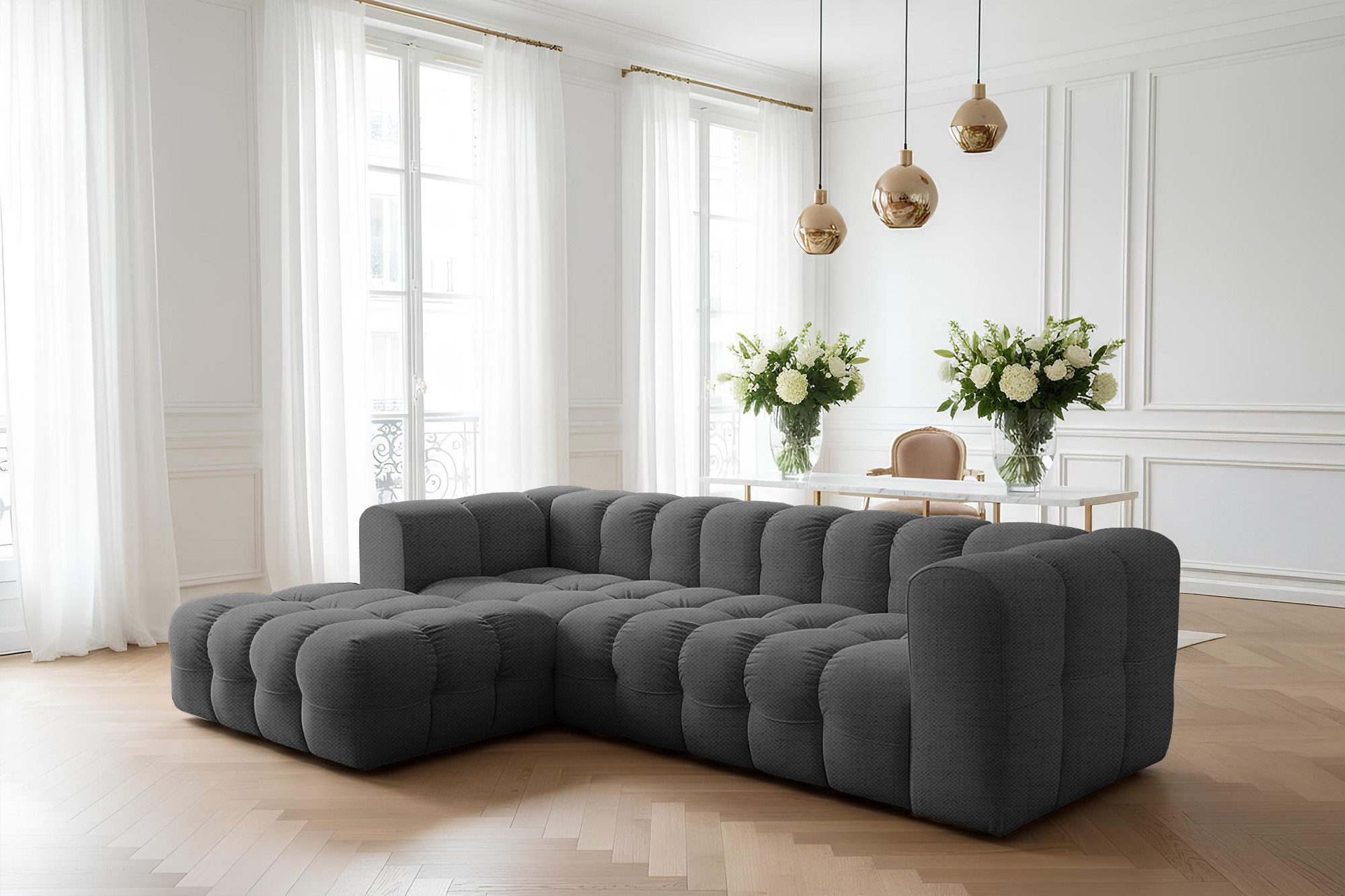 yourhouse24 Ecksofa BLOOM L, 290x193 cm XXL Lounge-Sofa in Bubble-Optik Chenille oder Samt, Made in Europe