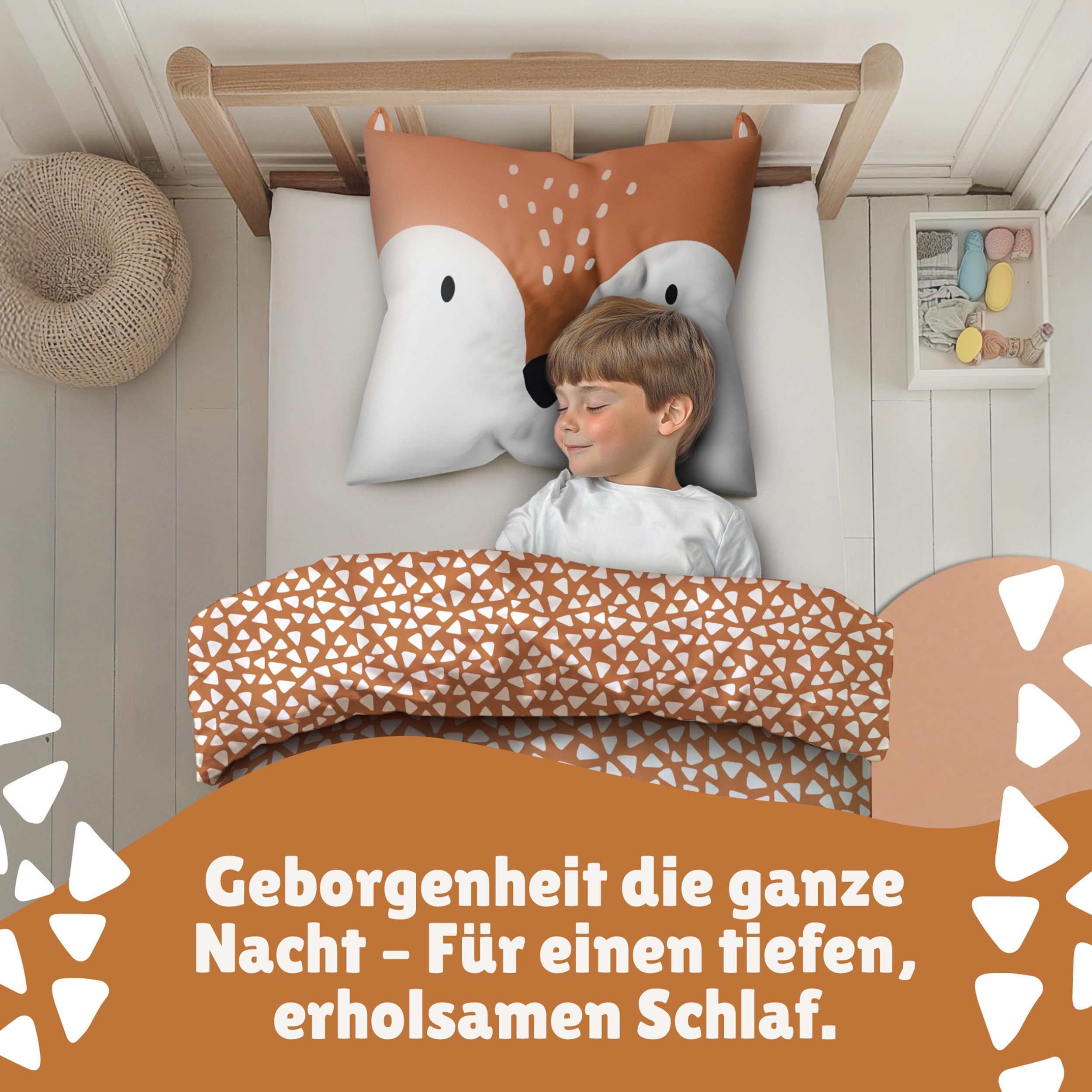 Familando Kinderbettwäsche little Fox 135x200 80x80 cm Bettwäsche niedlicher Fuchs mit Ohren, Renforcé, 2 teilig, mit liebevollem Motiv & süßen Details für Mädchen und Jungen