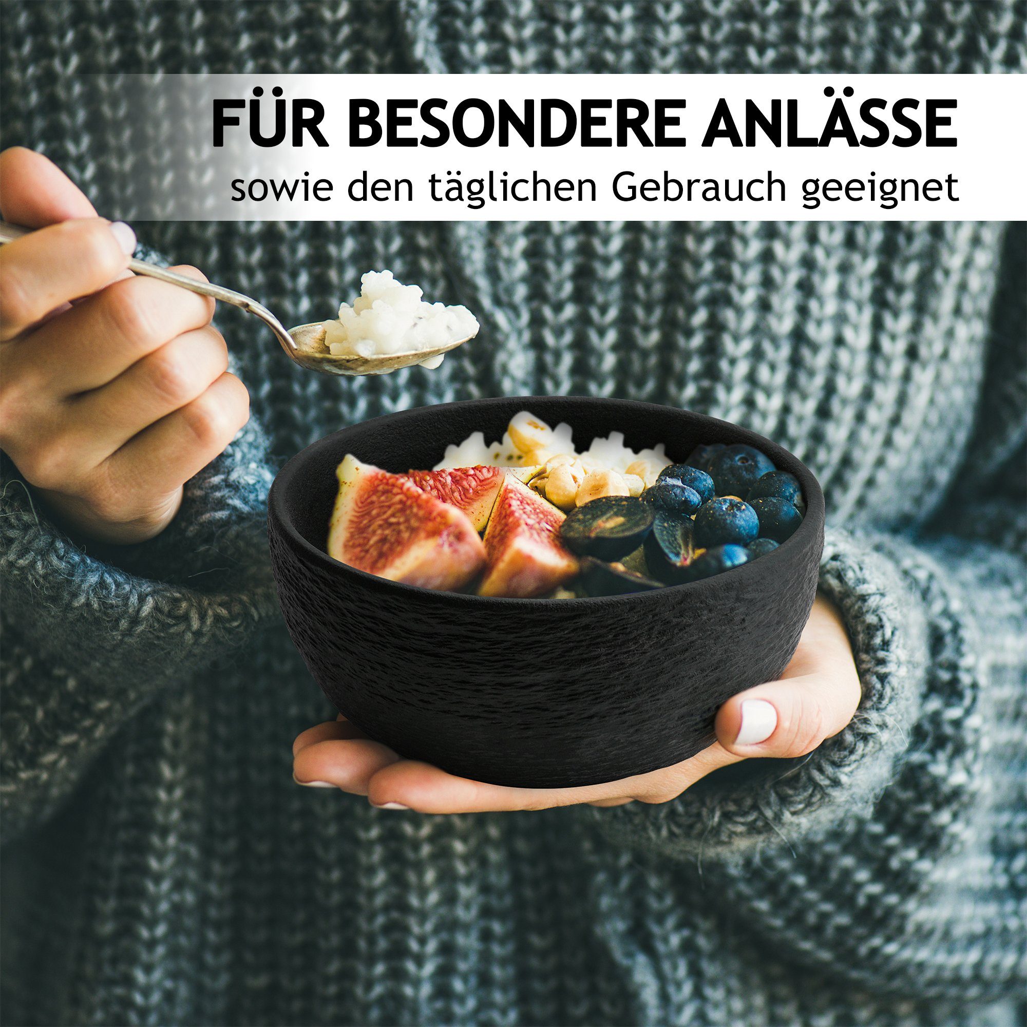 MiaMio Müslischale Oasis Schieferoptik, Schwarz, Keramik, (Set, 4-tlg), 750 ml, Ø 15 cm, 7 cm hoch