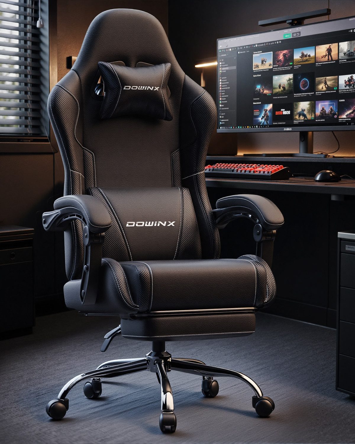 Dowinx Gaming-Stuhl Bürostuhl Massage Sessel mit höhenverstellbaren Linkage-Armlehnen (Packung), ergonomischer Gamer Stuhl mit Fußstütze, Gaming Chair bis 180 k – Bild 2 von 5