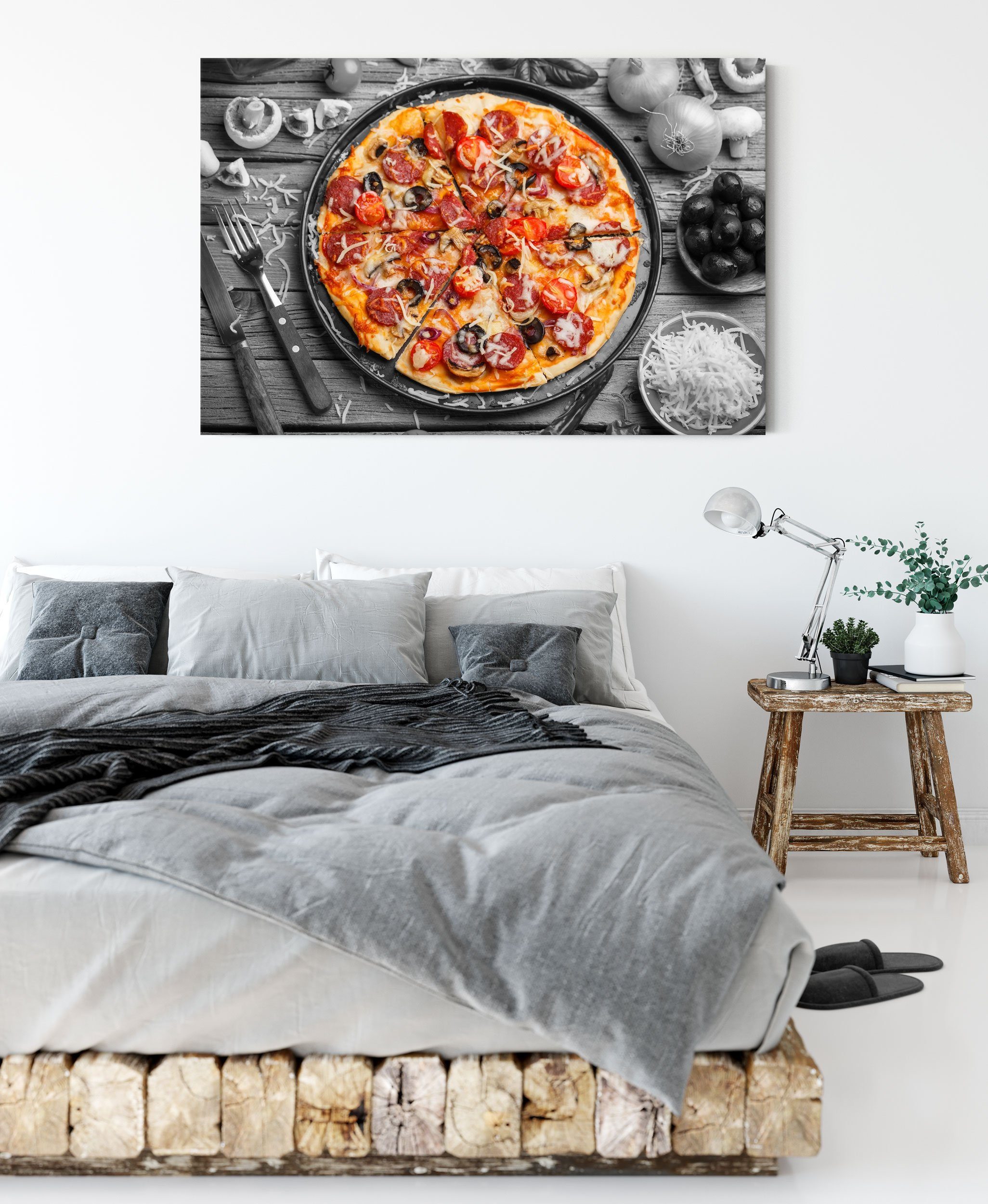 Pixxprint Leinwandbild Pizza auf Pizzablech, fertig St), bespannt, inkl. Zackenaufhänger Leinwandbild (1 auf Pizzablech Pizza