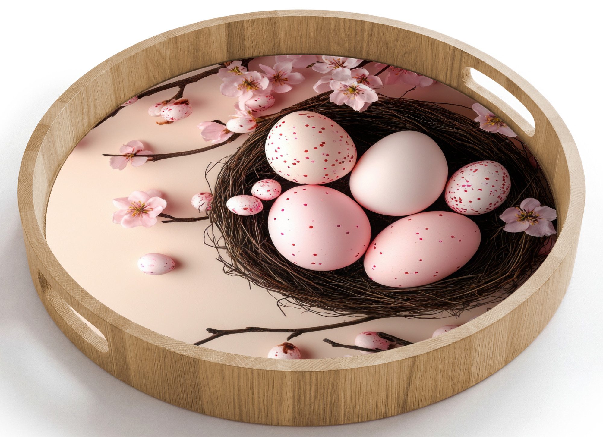 OnlyWow Tablett Rund mit Henkel Rosa - Blüten - Eier, Eichenholz, (1-tlg), Siervierplatte, Tray, Frühstücksbrett