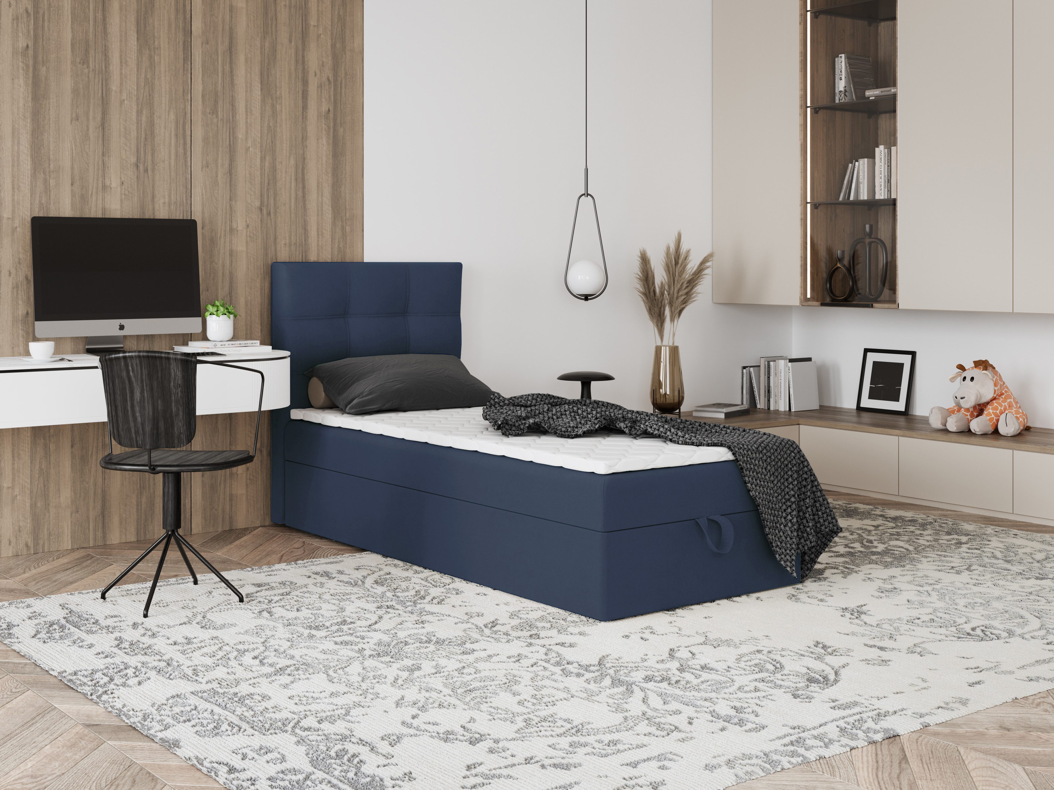 Godre Boxspringbett mit Bettkasten EWORA MINI 90x200 cm - Taschenfederkern Matratze (Bett + Matratze + Topper), Bett mit einem Kasten