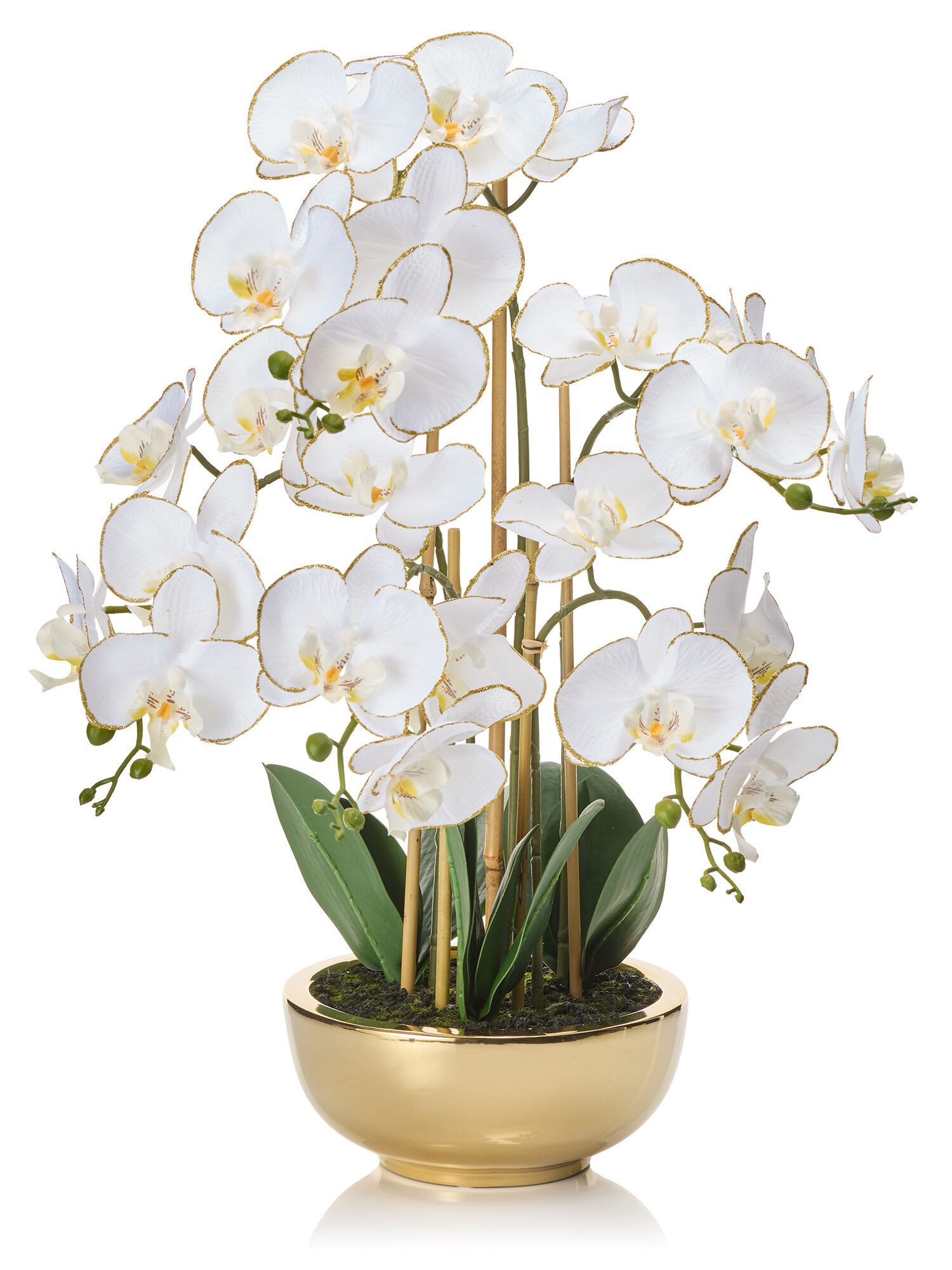 Dekorieren macht glücklich Dekoobjekt Phalaenopsis in Keramikschale gold 20x9cm (1 St., ca. 20 × 9 cm), täuschend echt, pflegeleicht & langlebig, edle Deko-Blume