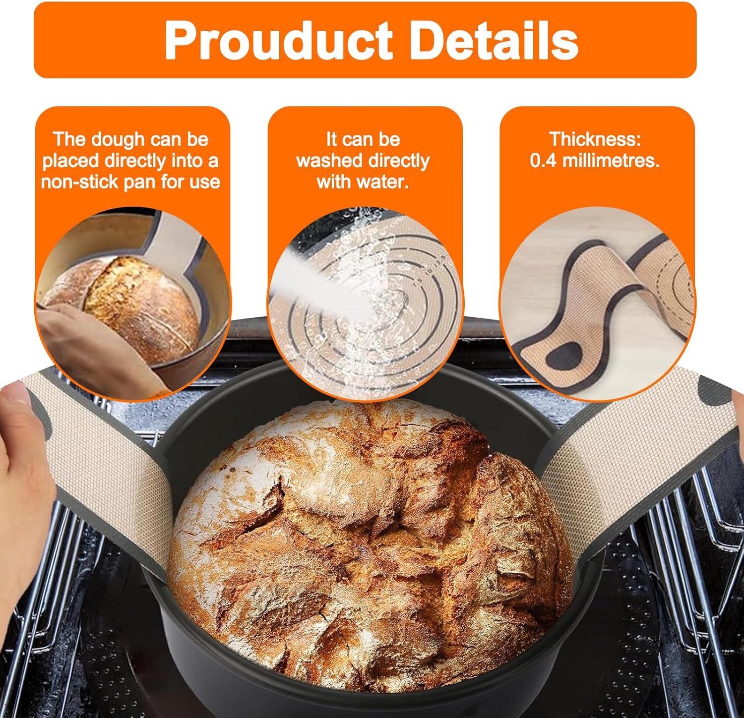 FELIXLEO Backmatte 2er Set Silikon Brotschlinge für Dutch Oven Rund Oval mit Griff, (1-tlg) – Bild 3 von 5