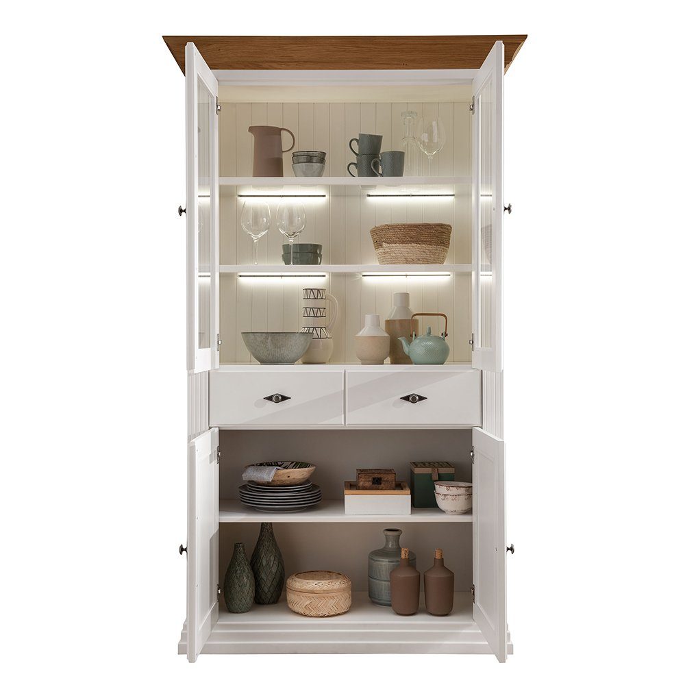 Lomadox Vitrine ESBJERG-69 Kiefer weiß lackiert mit Eiche geölt, Landhausstil