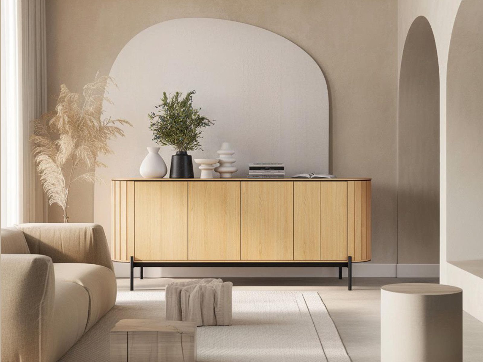 Compleo Kommode 200 cm breit, Sideboard mit vier Türen, Stil: Japandi RATTAS