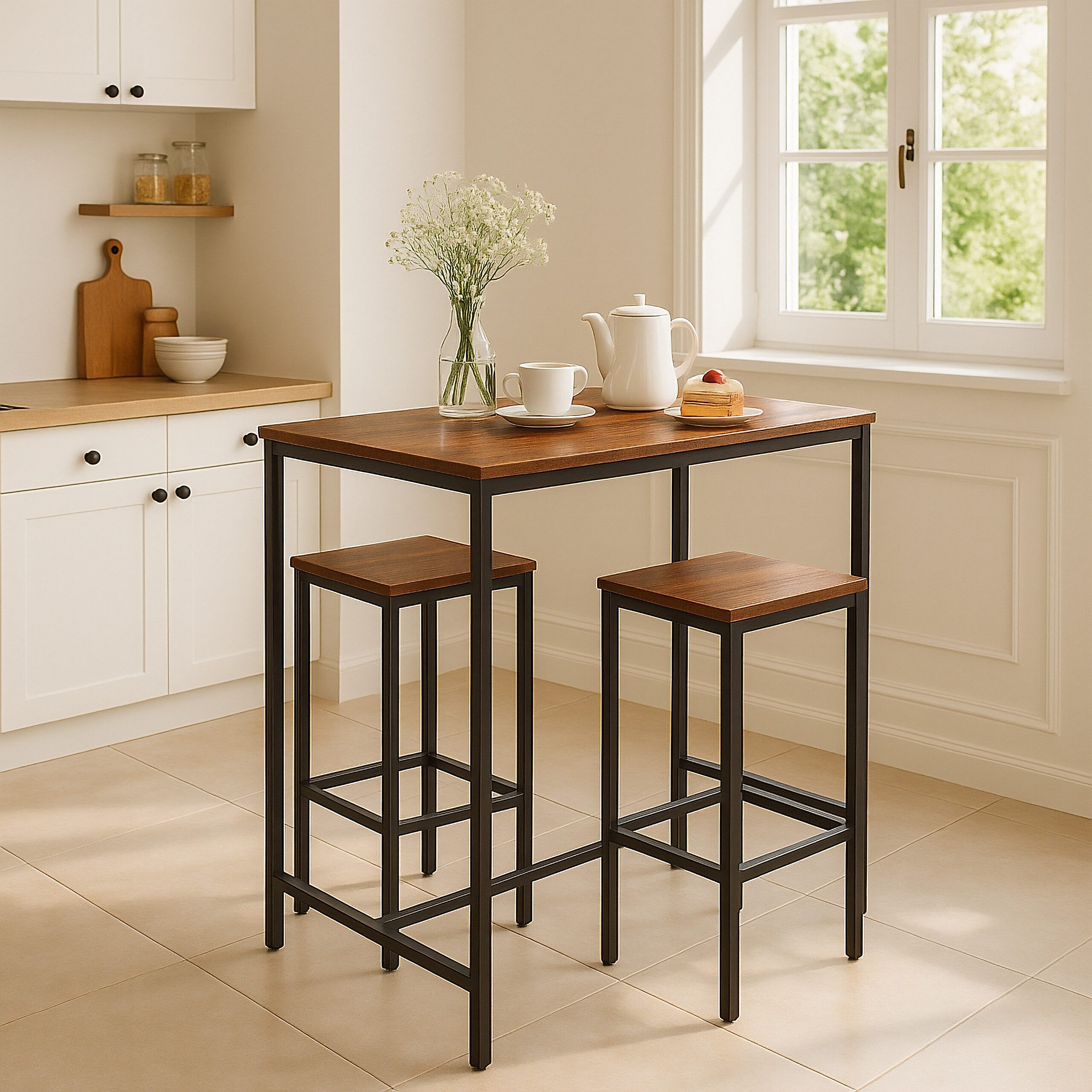 relaxdays Bartisch Set mit 2 Hockern Industrial, dunkelbraun günstig online kaufen