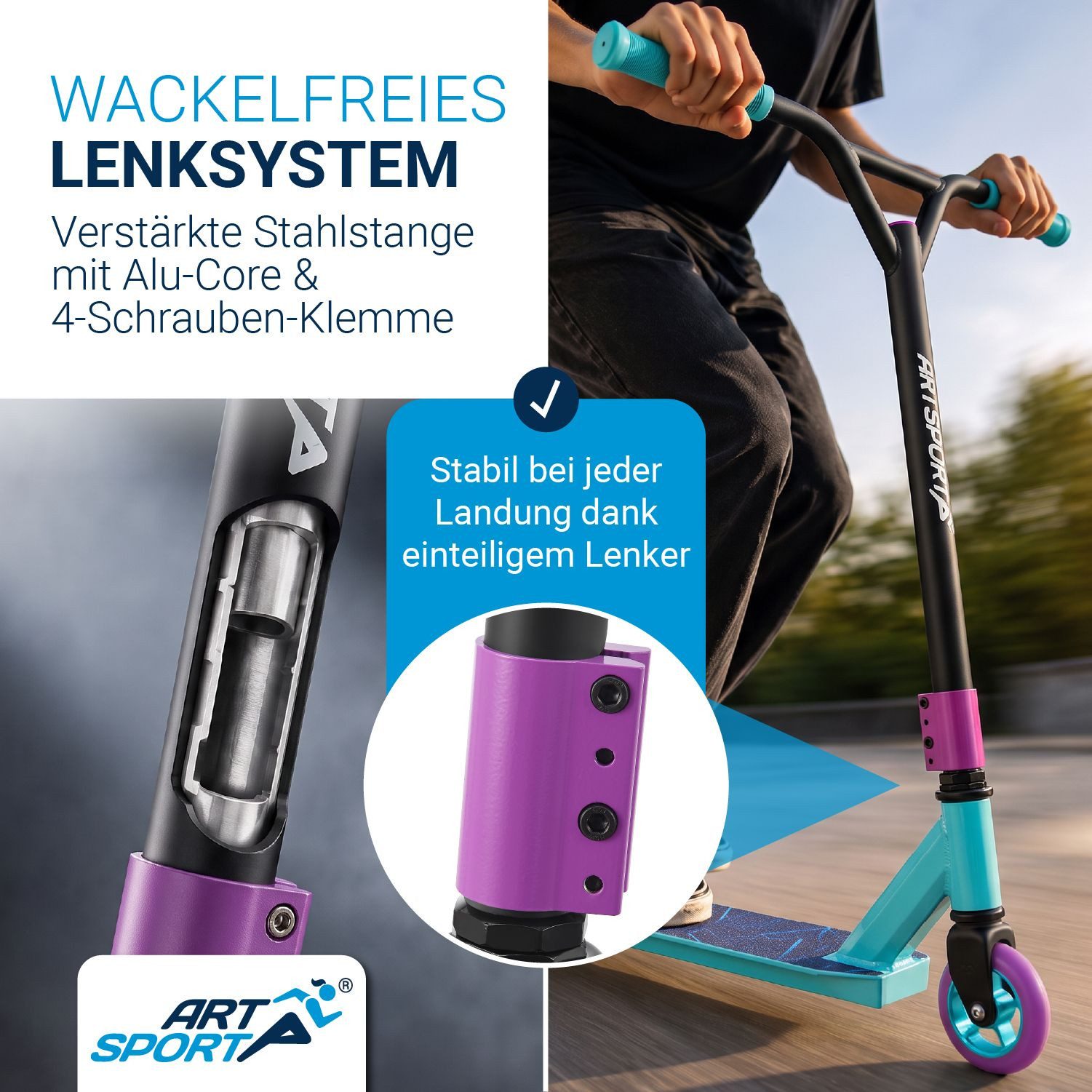 ArtSport Stuntscooter Retro Purple, Alu Core, 360°-Lenker mit TPR-Grips, stabil und leicht – Bild 5 von 5
