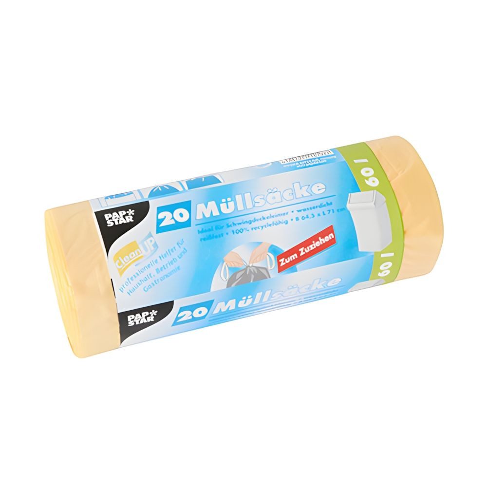 PAPSTAR Müllbeutel Müllbeutel mit Zugband, LDPE 60 l 71 cm x 64,5 cm gelb 20 my 20 Stk