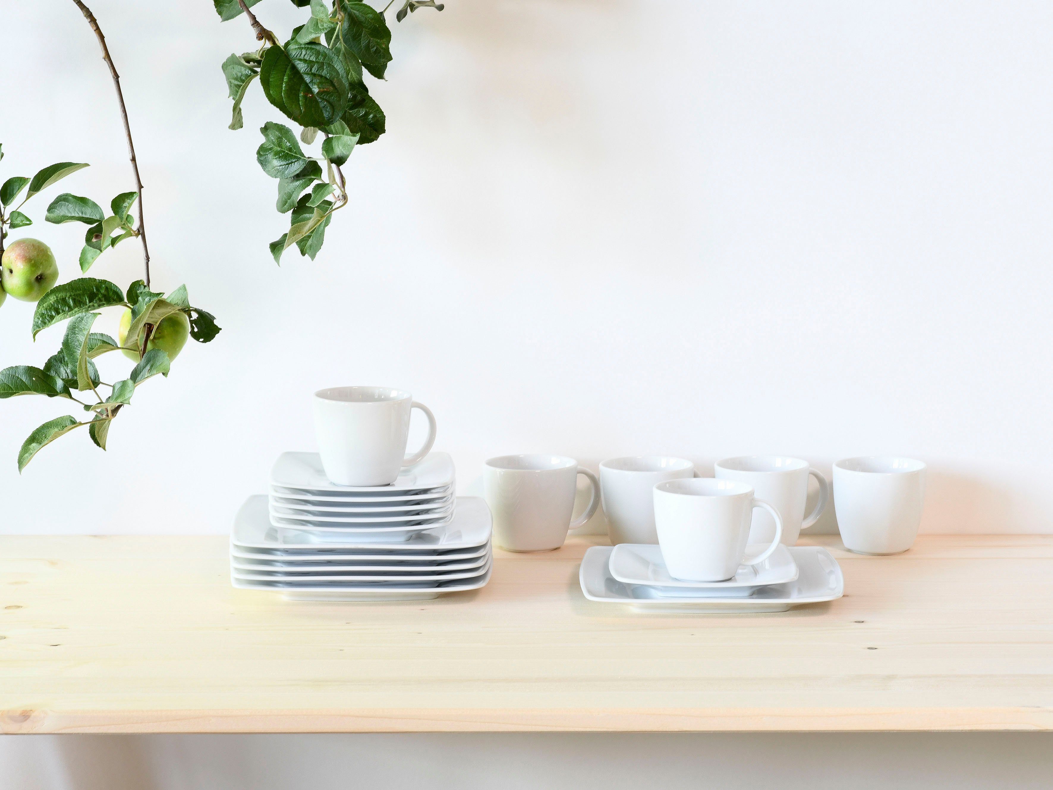CreaTable Kaffeeservice Victoria Weiss (18-tlg), 6 Personen, Porzellan, abgerundete, quadratische Form