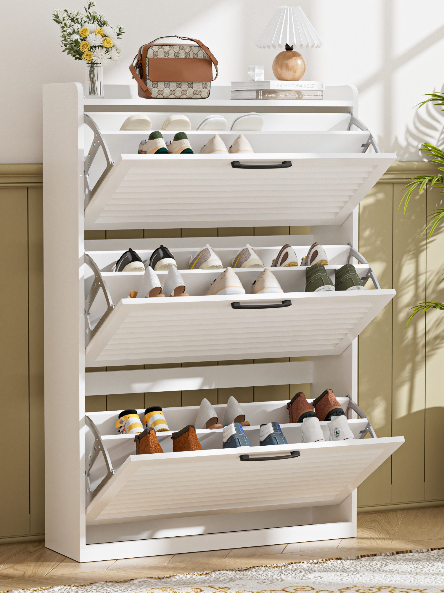 FiveWillowise Schuhschrank Schmal, Schuhkipper Schuhregal Schuhkommode, Schuhaufbewahrung (1-St) mit Lamellentür, 3 Klappen, und 6 Verstellbar Ablageflächen