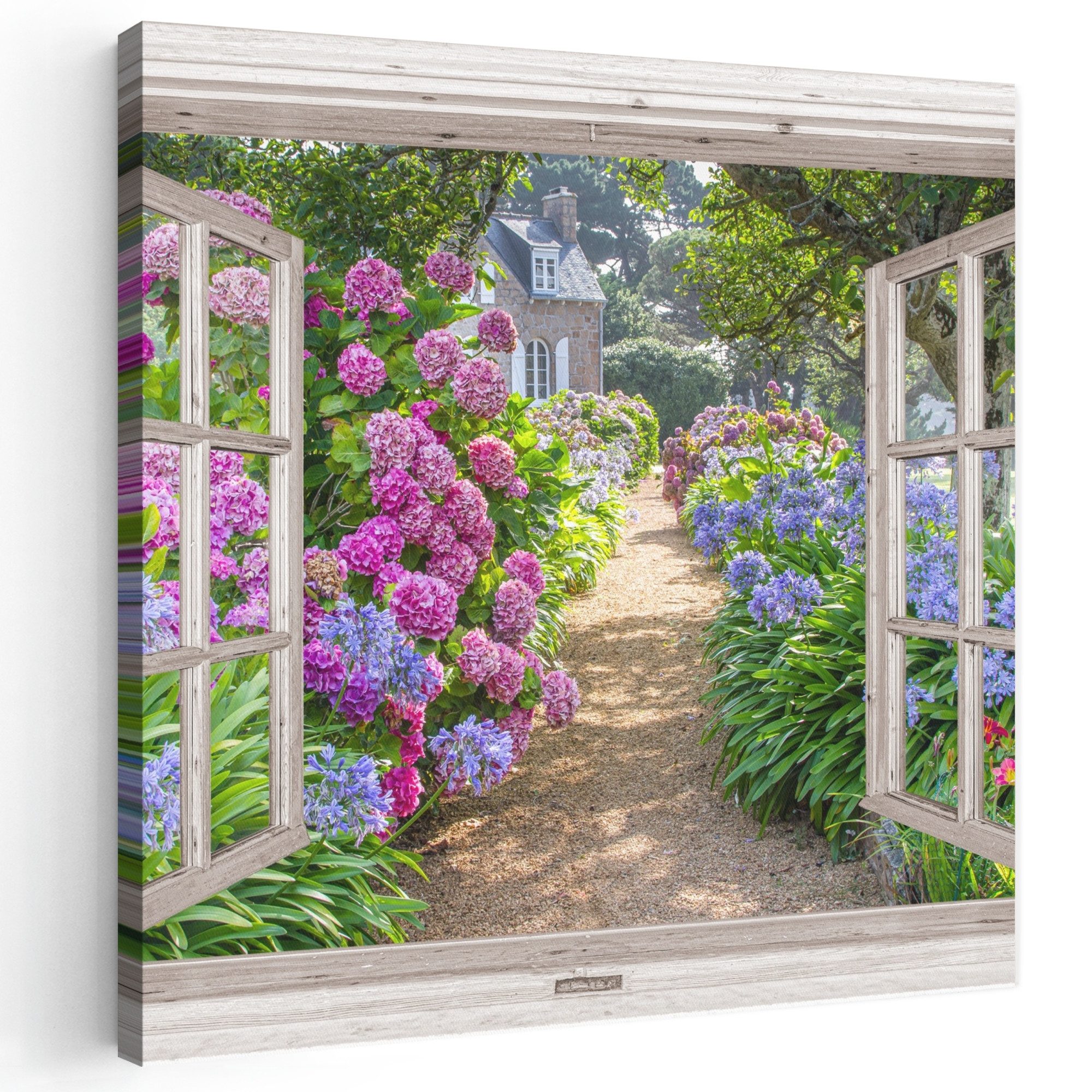 OneMillionCanvasses® Leinwandbild Hortensie - Fensterblick - Fenster - Blumen - Sommer - Lila - Weg, Fotodruck (1 St), Wandbild, Deko Schlafzimmer Wohnzimmer Flur 20x20 cm