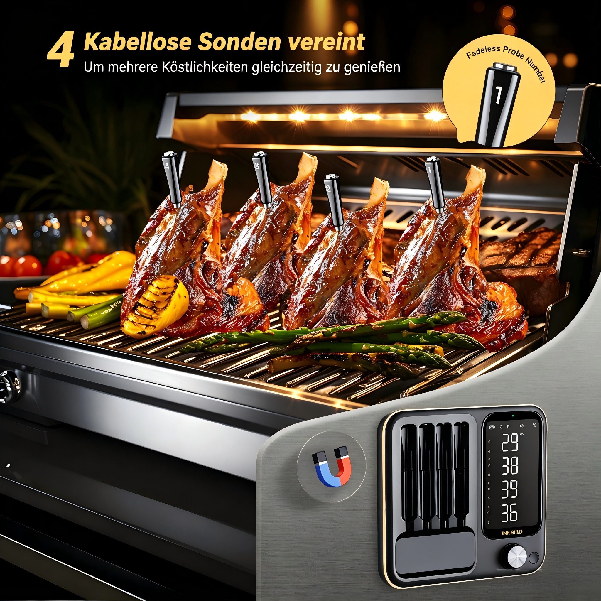 INKBIRD Grillthermometer Kabelloses Fleischthermometer für Ofen, Grill & Smoker, 3 Betriebsmodi, 4 kabellose Sonden, hohe Genauigkeit, IP67 wasserdicht – Bild 5 von 5