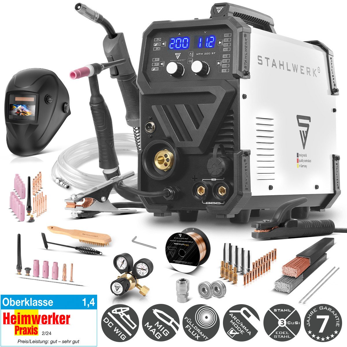 STAHLWERK Inverterschweißgerät Kombi Schweißgerät MTM-200 ST Vollausstattung WIG MIG MAG MMA FLUX, 10 - 200 A, Packung}, 19-tlg., Vollausstattung, mit 200 A und synergischem Drahtvorschub