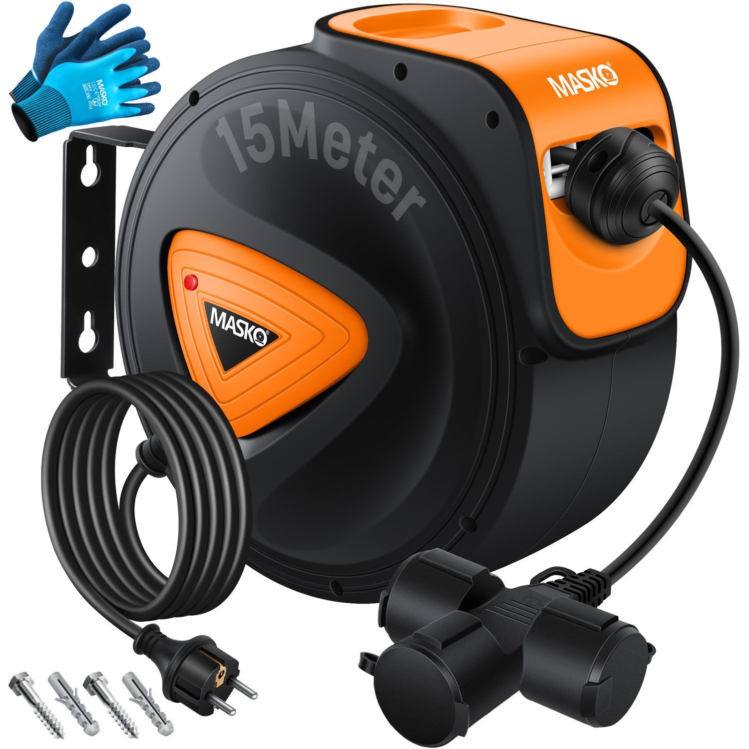 MASKO Verlängerungskabel, (15 cm), Automatik Kabeltrommel Verlängerungskabel mit 3-Fach Anschluss