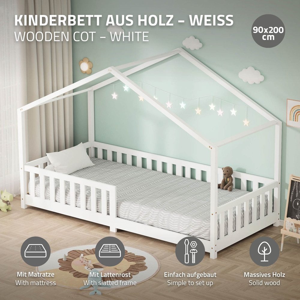 ML-DESIGN Spielbett Hausbett Kinderbett inkl. Lattenrost & Rausfallschutz Kinder Bodenbett, Abenteuerbett 90x200cm mit Matratze Himmelbett Kiefer Jugendbett Wei – Bild 2 von 5