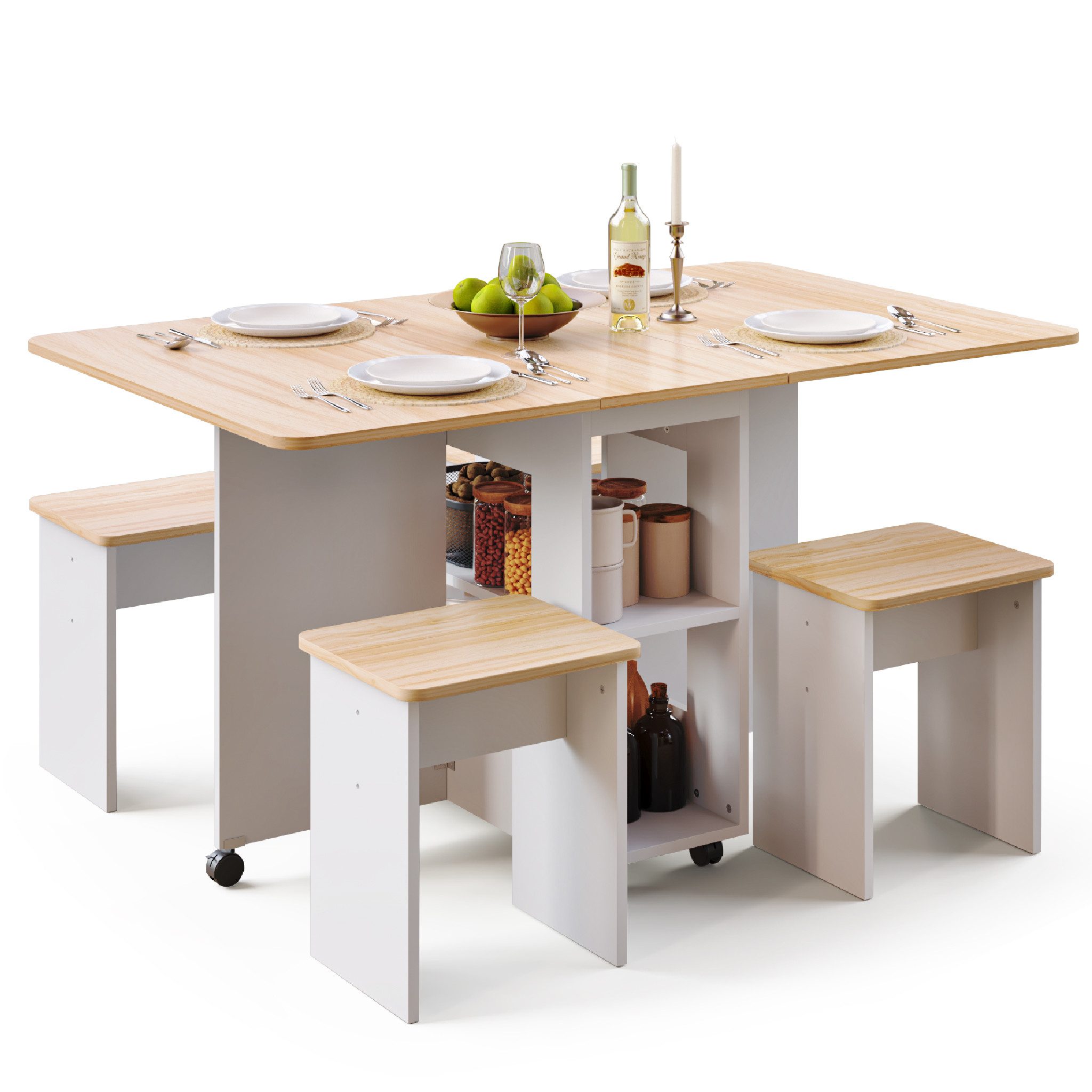 Mondeer Essgruppe Esstisch mit 4 Hockern, Platzsparend, 3-in-1-Funktion, Rollbar & Stabil 120x80 cm