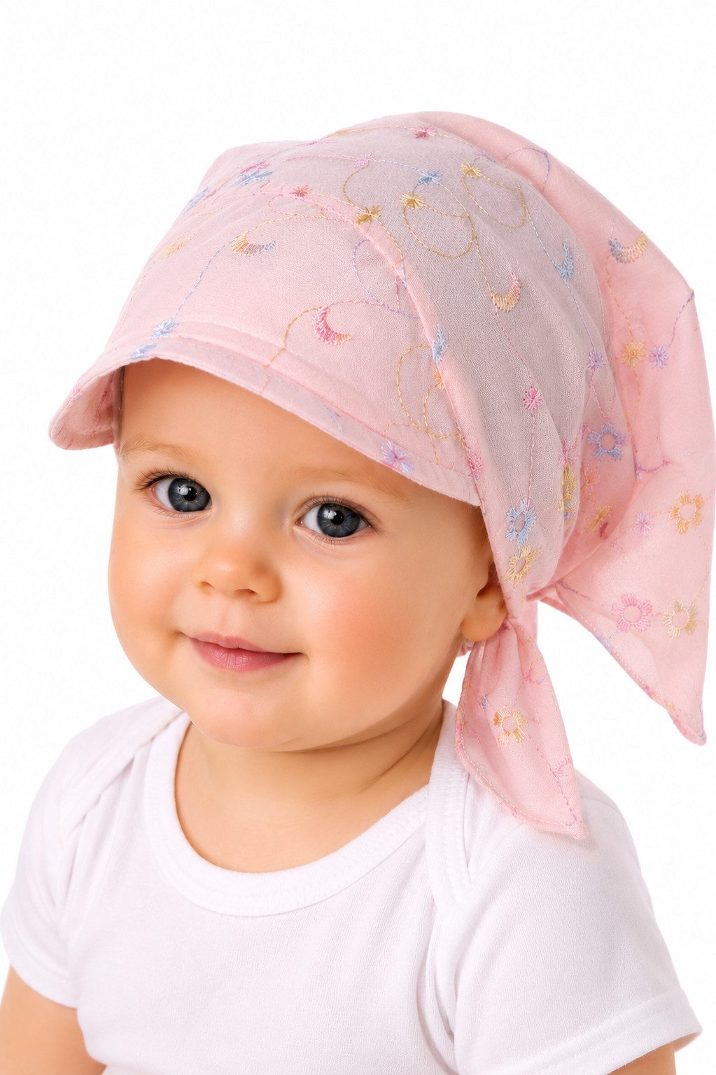 La Bortini Kopftuch Baby und Kinder Bandana Tuch Sommer Mütze Kopfbedeckung, leicht, bestickt, in Weiß, Universelle Größe durch Bindebänder