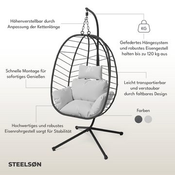 STEELSØN Hängesessel Alarian (hellgrau/schwarz, mit Gestell und Sitzkissen), höhenverstellbar, faltbar, für indoor und outdoor, aus Polyrattan