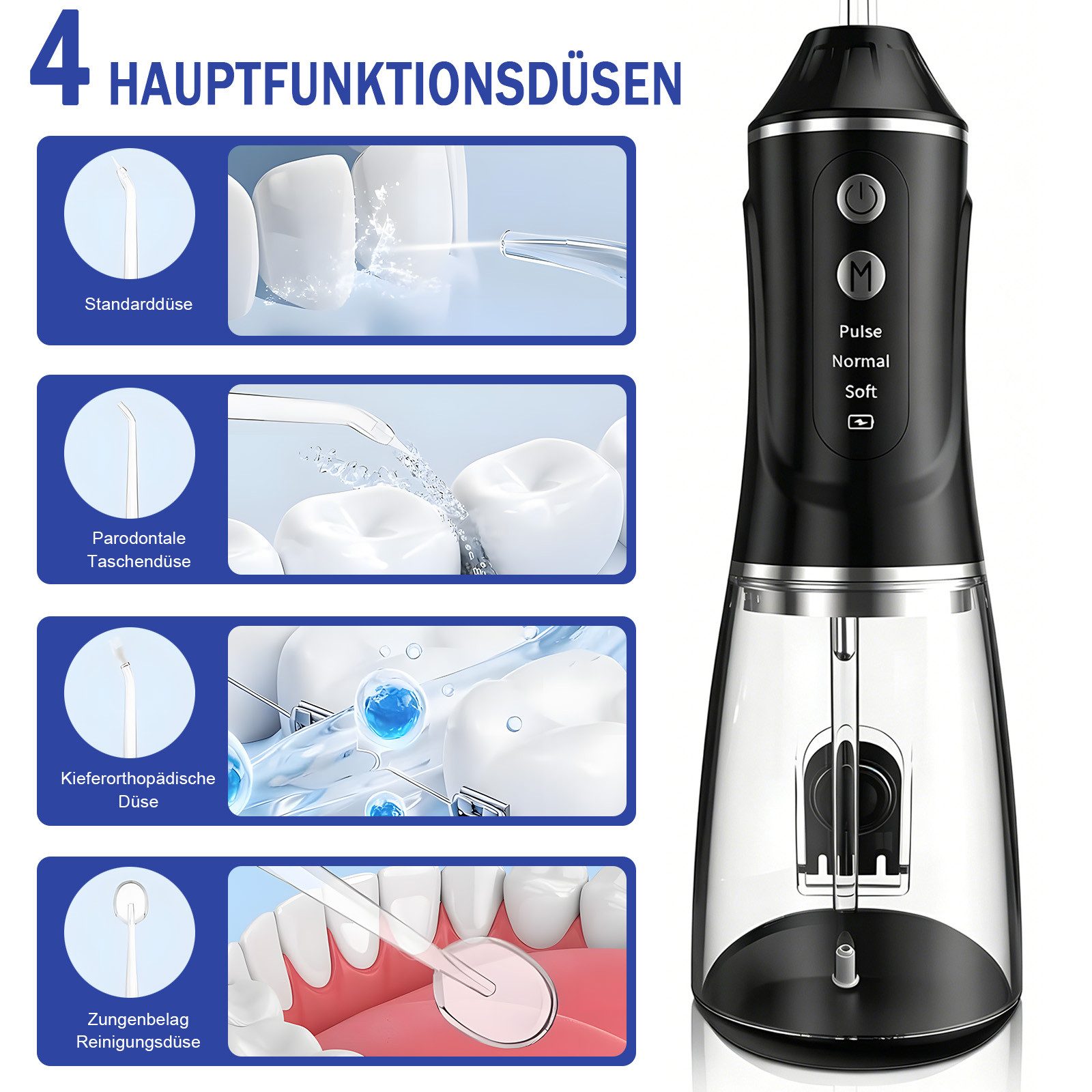 AKKEE Munddusche mit 4 Düsen, 380 ml Wassertank, Kabellos Elektrische Zahnseide, IPX7 wasserdicht