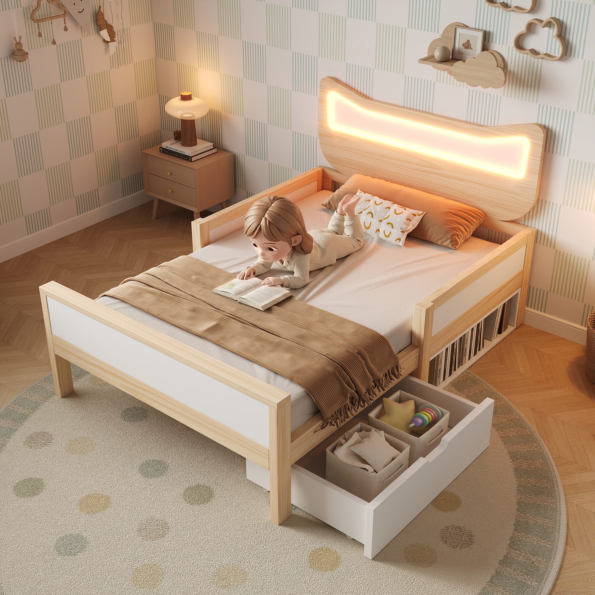 Flieks Kinderbett flexible Schublade & Staufach links/rechts montierbar, Massivholzbett 90×200 cm mit Katzenohren Kopfteil und LED‑Beleuchtung