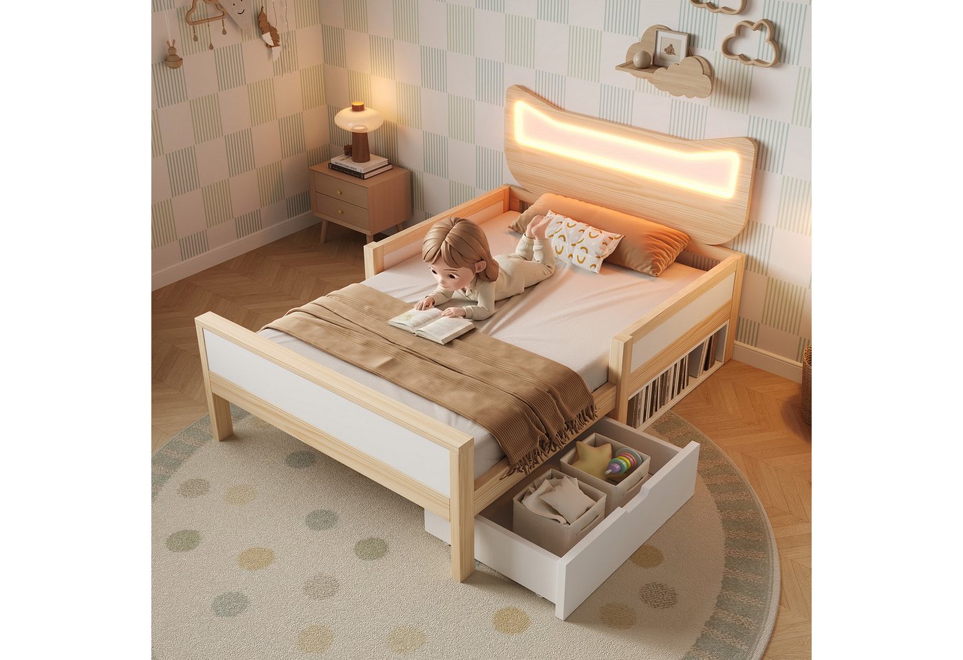 Flieks Kinderbett flexible Schublade & Staufach links/rechts montierbar, Massivholzbett 90×200 cm mit Katzenohren Kopfteil und LED‑Beleuchtung