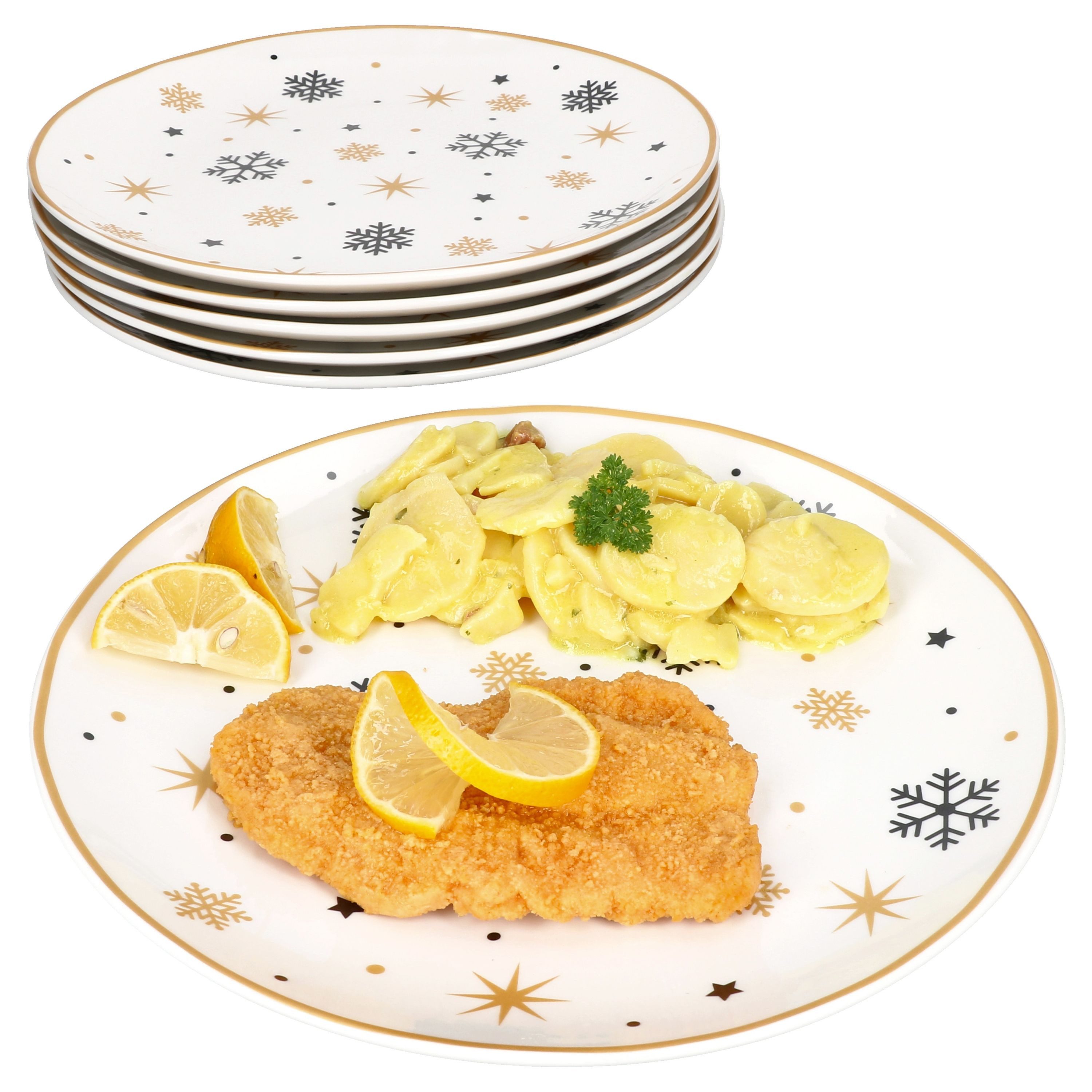 MamboCat Speiseteller 6x Stars schwarz & gold Speiseteller Steingut 6 Personen Essteller, Weihnachtsgeschirr, Weihnachten, Weihnachtsset, Geschirr