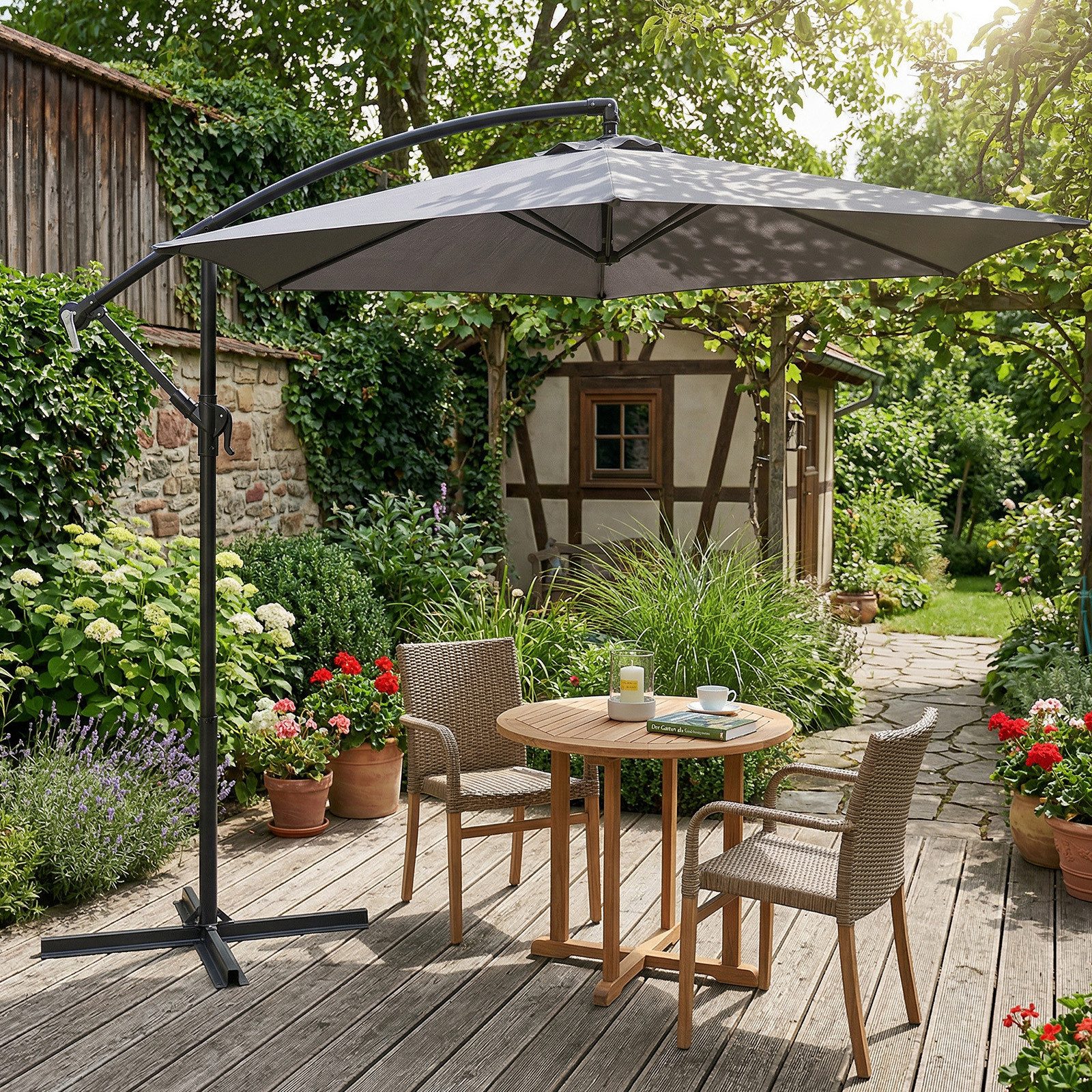 Sekey Sonnenschirm Ø300cm Ampelschirm mit Kreuzständer, Gartenschirm mit Kurbel, UV50+, LxB: 300,00x300,00 cm, Garten Terrassen Schirm rund knickbar, Winddicht & wasserdicht